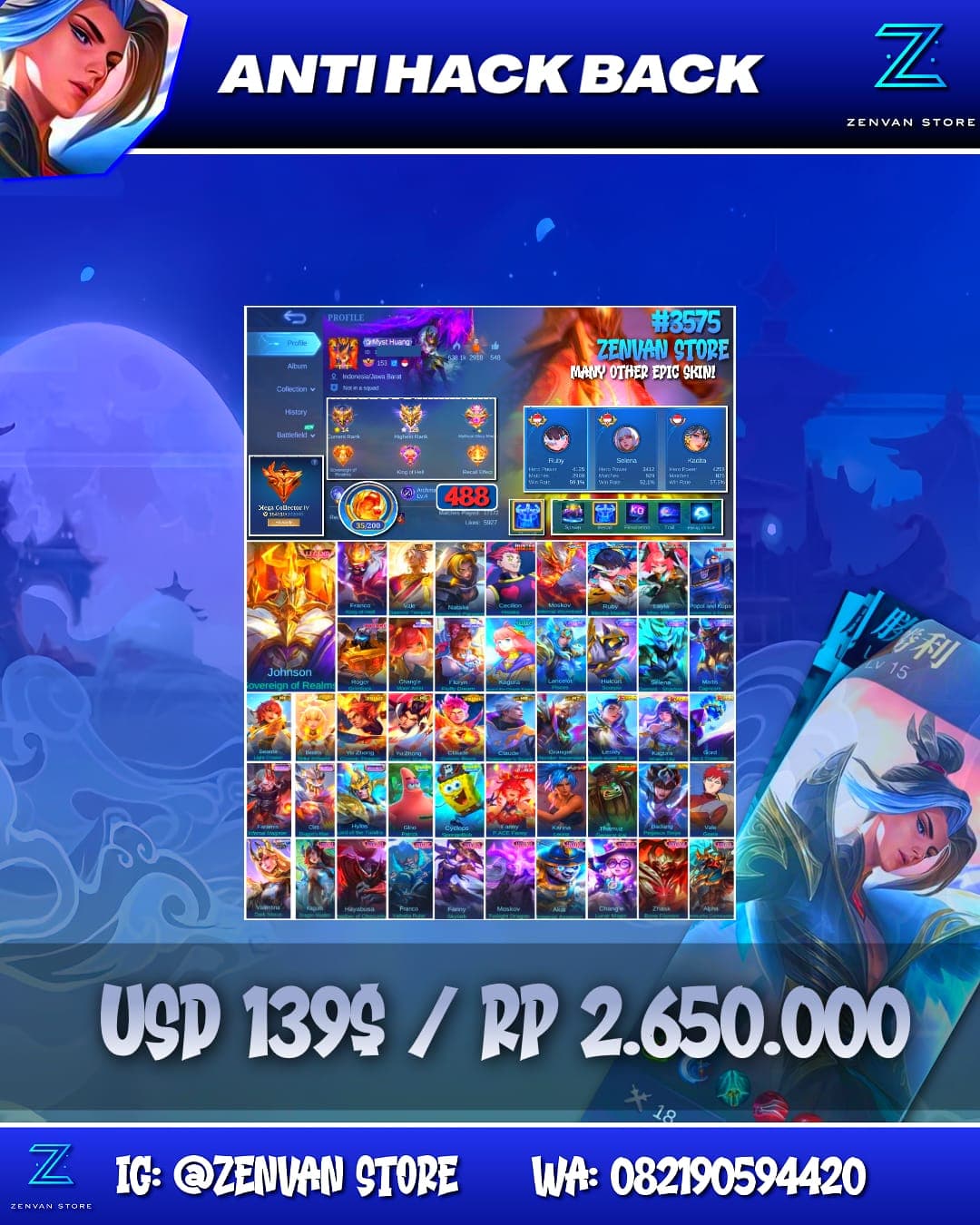 Foto akun ML #3575 🔥 488 Skins 🔥 Legend Johnson & Franco 🔥 Collector Vale & Natalia 🔥 HxH Hisoka 🔥 Internal Moskov 🔥 Aspirant Ruby & Layla 🔥 Transformers Popol & Roger 🔥 Prime Claude, Yu Zhong & Beatrix 🔥 - gambar 1