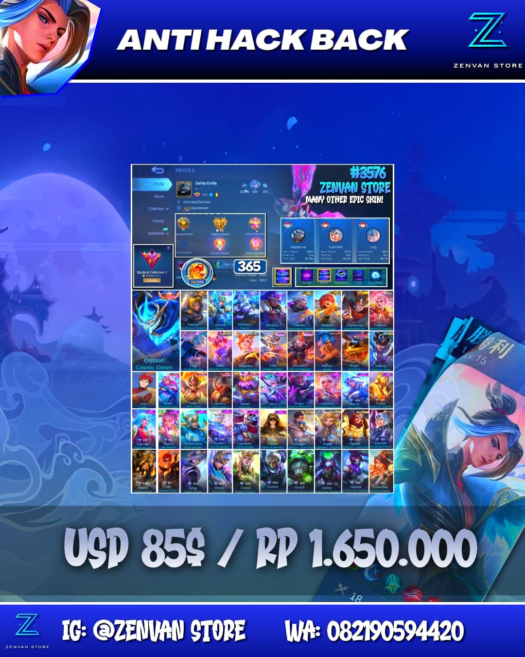 Foto akun ML #3576 🔥 365 Skins 🔥 Legend Gusion 🔥 Collector Natalia 🔥 M-World Ling 🔥 Transformers Roger 🔥 KoF Karina 🔥 Many Limited 🔥 Many Zodiacs 🔥 Many Epic 🔥 Safe Account ✅ - gambar 1
