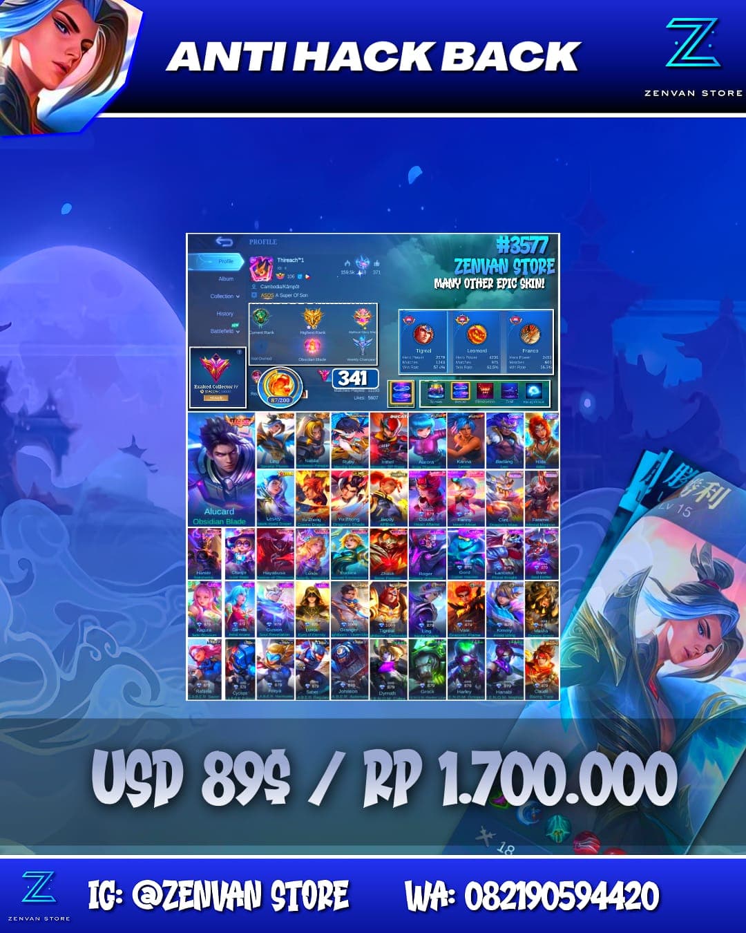 Foto akun ML #3577 🔥 341 Skins 🔥 Legend Alucard 🔥 Collector Ling & Natalia 🔥 Aspirant Ruby 🔥 Ducati Irithel 🔥 Prime Yu Zhong 🔥 KoF Karina 🔥 Many Limited 🔥 Many Zodiacs 🔥 Many Epic 🔥 Safe Account ✅ - gambar 1