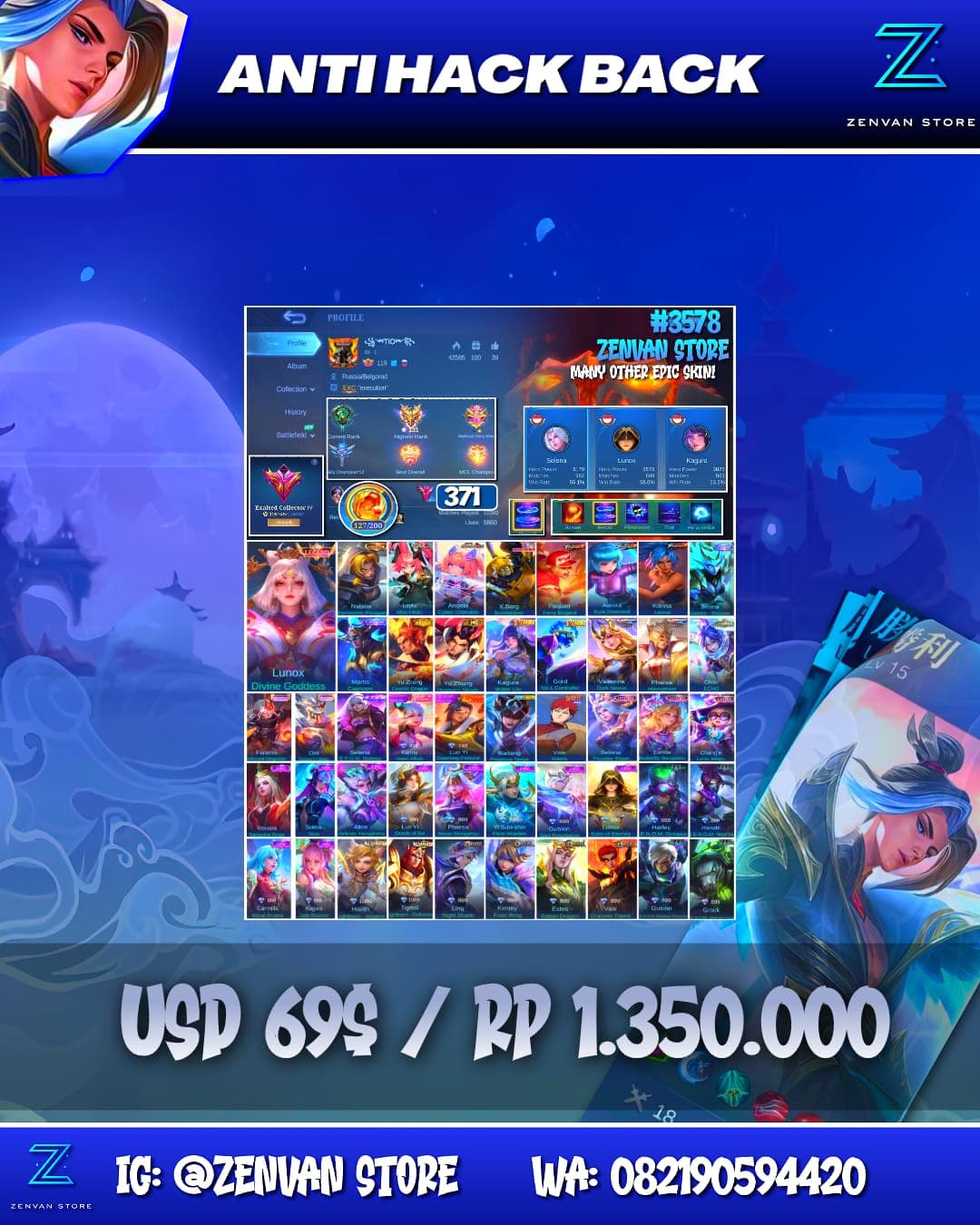 Foto akun ML #3578 🔥 371 Skins 🔥 Legend Lunox 🔥 Collector Natalia 🔥 Aspirant Layla & Angela 🔥 Transformers X Borg 🔥 Prime Yu Zhong 🔥 KoF Paquito, Aurora & Karina 🔥 Many Limited 🔥 Many Zodiacs 🔥 Many Epic - gambar 1