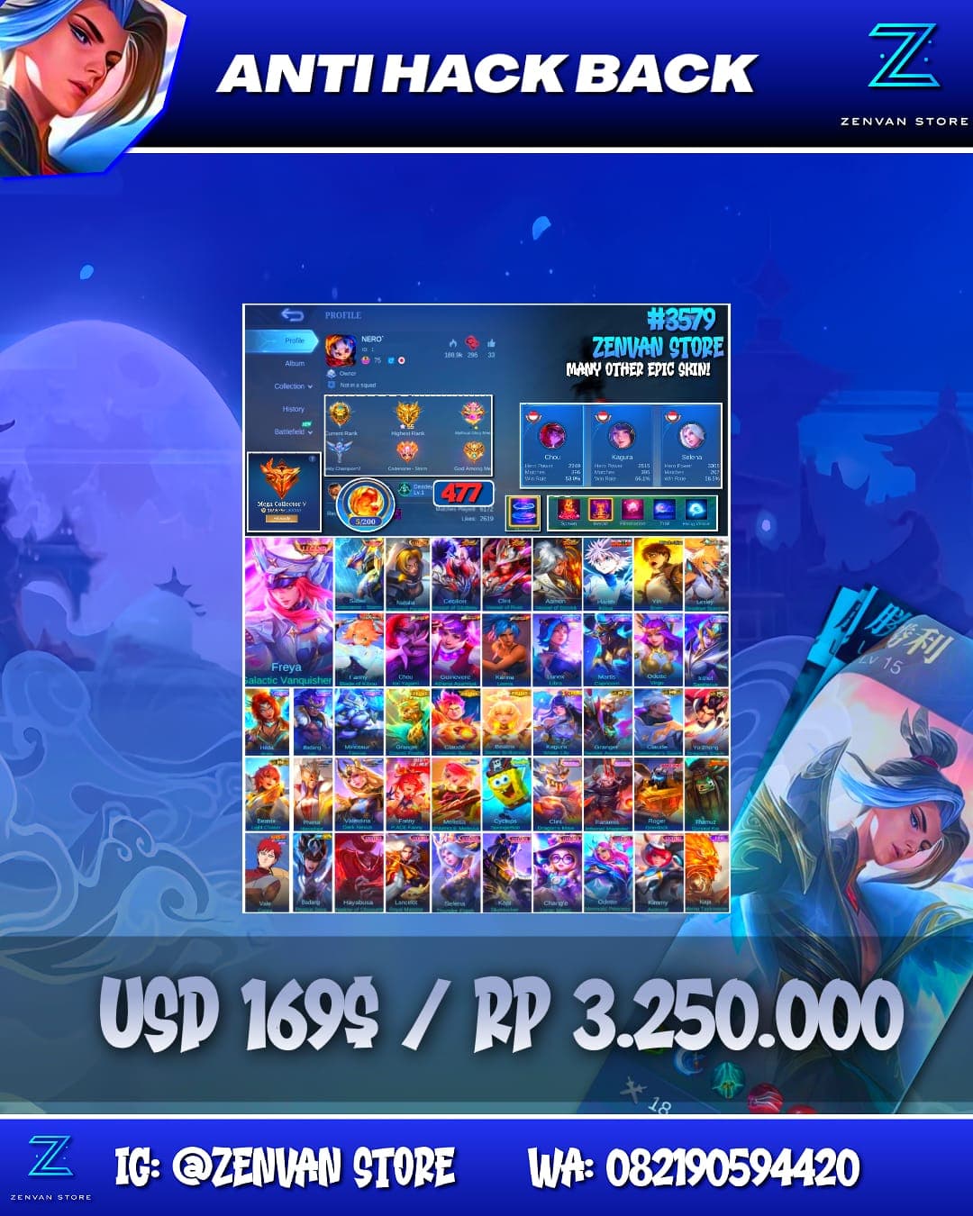 Foto akun ML #3579 🔥 477 Skins 🔥 Legend Freya & Saber 🔥 Collector Natalia 🔥 Soul Vessels Trio 🔥 HxH Killua 🔥 AoT Eren 🔥 Aspirant Lesley & Fanny 🔥 Prime Granger, Claude & Beatrix 🔥 KoF Series 🔥 Transforme - gambar 1