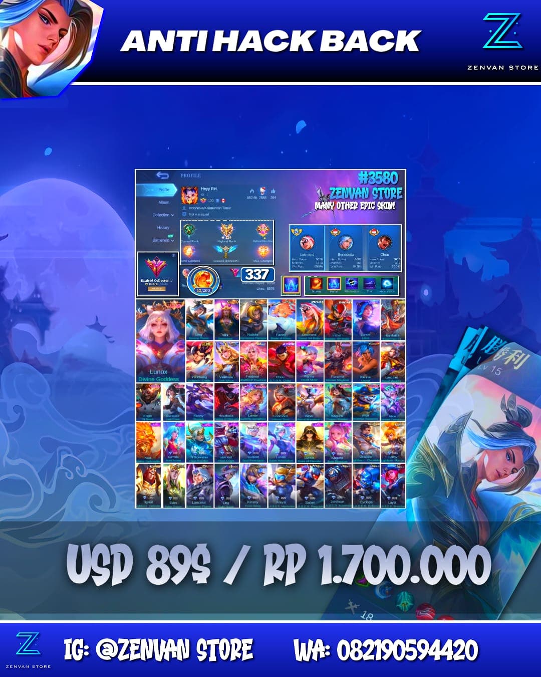 Foto akun ML #3580 🔥 337 Skins 🔥 Legend Lunox 🔥 Collector Ling, Valir & Natalia 🔥 Aspirant Fanny 🔥 Ducati Leomord & Irithel 🔥 Stun Chou 🔥 KoF Karina 🔥 Many Limited 🔥 Many Epic 🔥 Safe Account ✅ - gambar 1