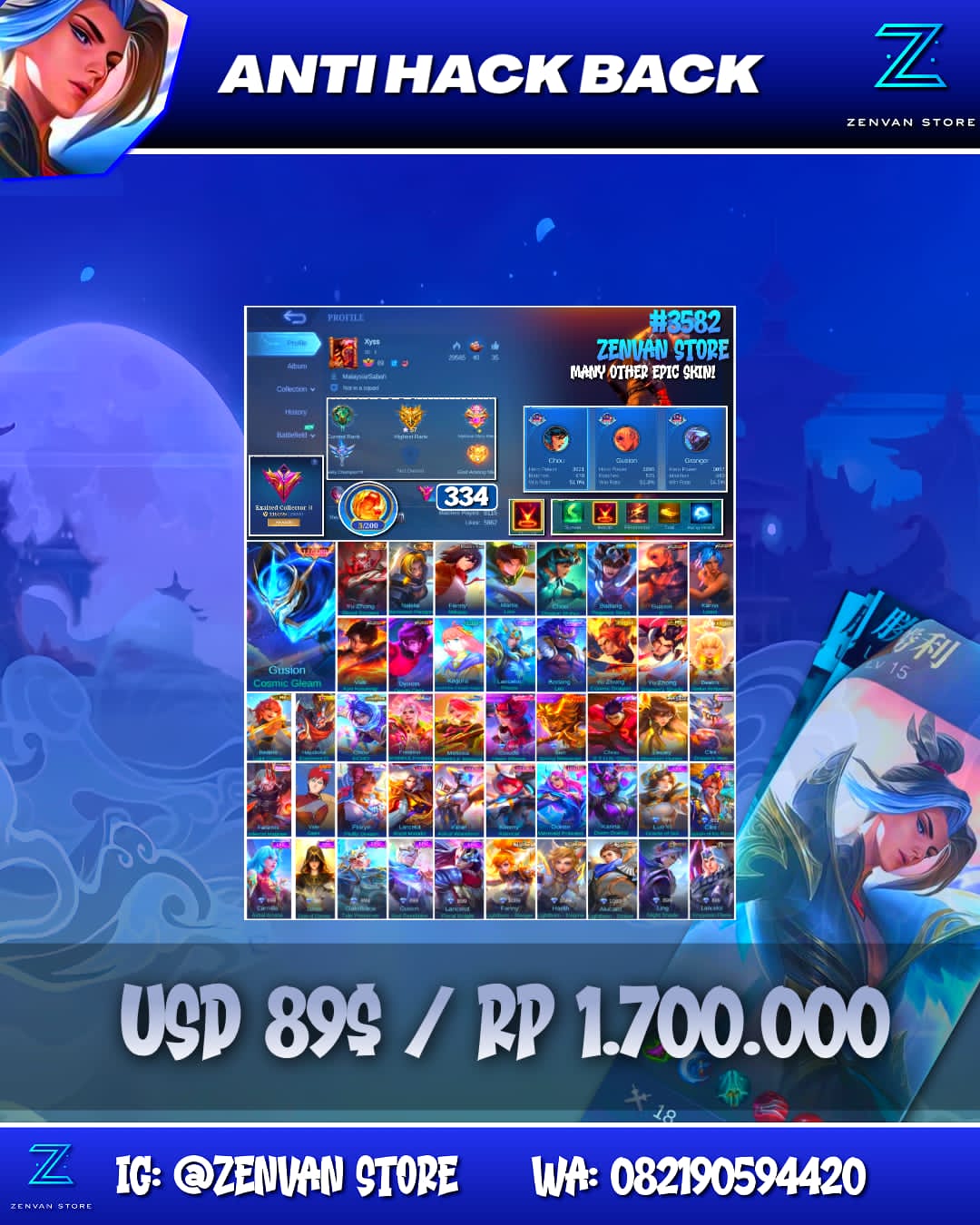 #3582 🔥 334 Skins 🔥 Legend Gusion 🔥 Collector Yu Zhong & Natalia 🔥 AoT Mikasa & Levi 🔥 Prime Yu Zhong & Beatrix 🔥 KoF Gusion, Valir, Dyroth & Karina 🔥 Clouds Kagura 🔥 Stun Chou 🔥 Many Limited