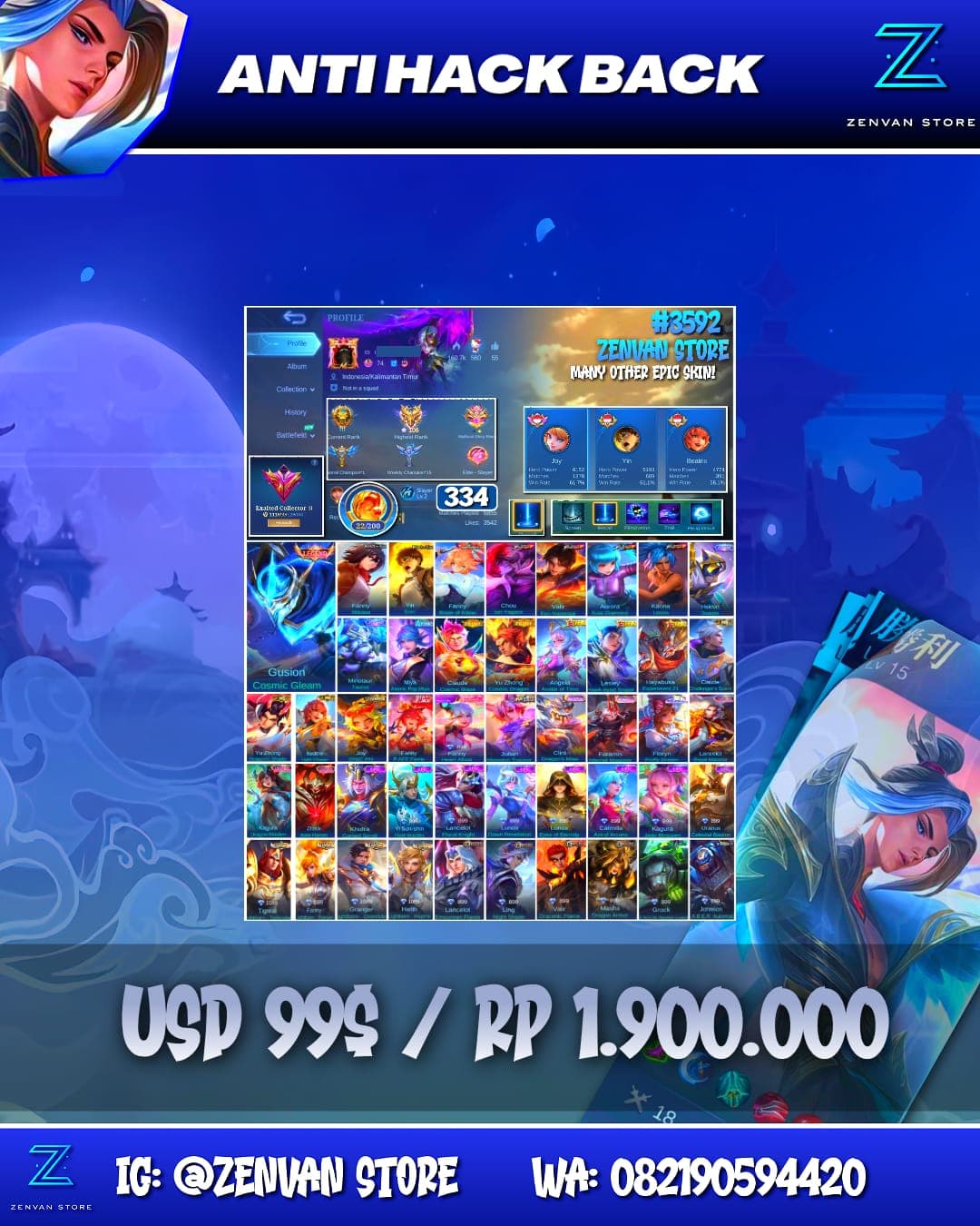 Foto akun ML #3592 🔥 334 Skins 🔥 Legend Gusion 🔥 AoT Mikasa & Eren 🔥 Aspirant Fanny 🔥 Prime Claude & Yu Zhong 🔥 KoF Chou, Valir, Aurora & Karina 🔥 Many Limited 🔥 Many Zodiacs 🔥 Many Epic 🔥 Safe Account ✅ - gambar 1