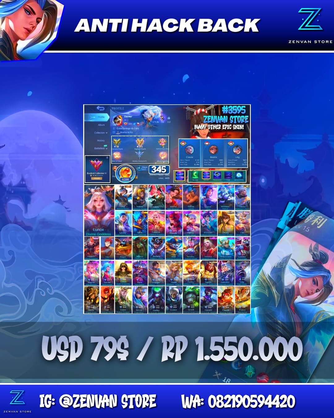 Foto akun ML #3595 🔥 345 Skins 🔥 Legend Lunox 🔥 Collector Ling & Natalia 🔥 Aspirant Layla 🔥 KoF Masha & Karina 🔥 Transformers Roger 🔥 Many Limited 🔥 Many Zodiacs 🔥 Many Epic 🔥 Safe Account ✅ - gambar 1