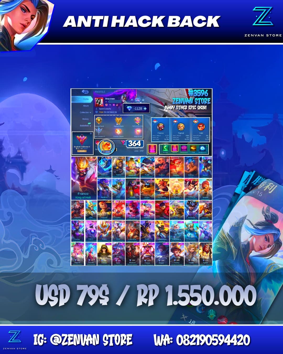 Foto akun ML #3596 🔥 364 Skins 🔥 Legend Franco & Gusion 🔥 Collector Natalia 🔥 11.11 Wanwan 🔥 Aspirant Ruby 🔥 Prime Yu Zhong & Beatrix 🔥 Stun Chou 🔥 M-World Yin 🔥 Transformers Aldous & Roger 🔥 KoF Gusion, - gambar 1