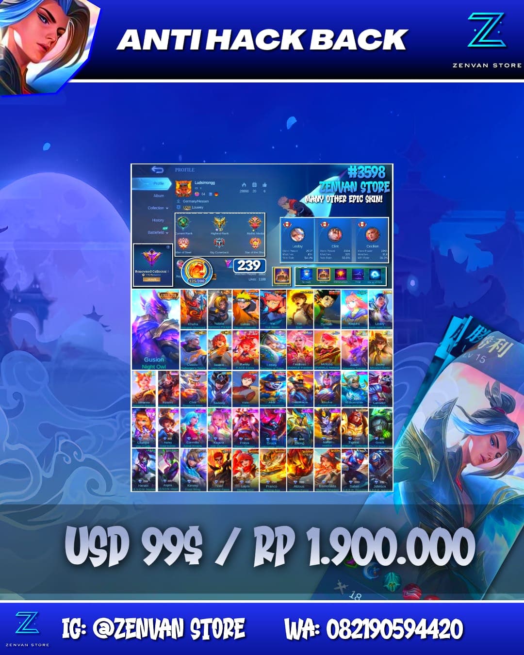 Foto akun ML #3598 🔥 239 Skins 🔥 Collector Gusion, Kufra & Natalia 🔥 Naruto 🔥 Jujutsu Kaisen Itadori 🔥 AoT Eren 🔥 HxH Gon 🔥 Clouds Kagura 🔥 Many Limited 🔥 Many Epic 🔥 Safe Account ✅ - gambar 1