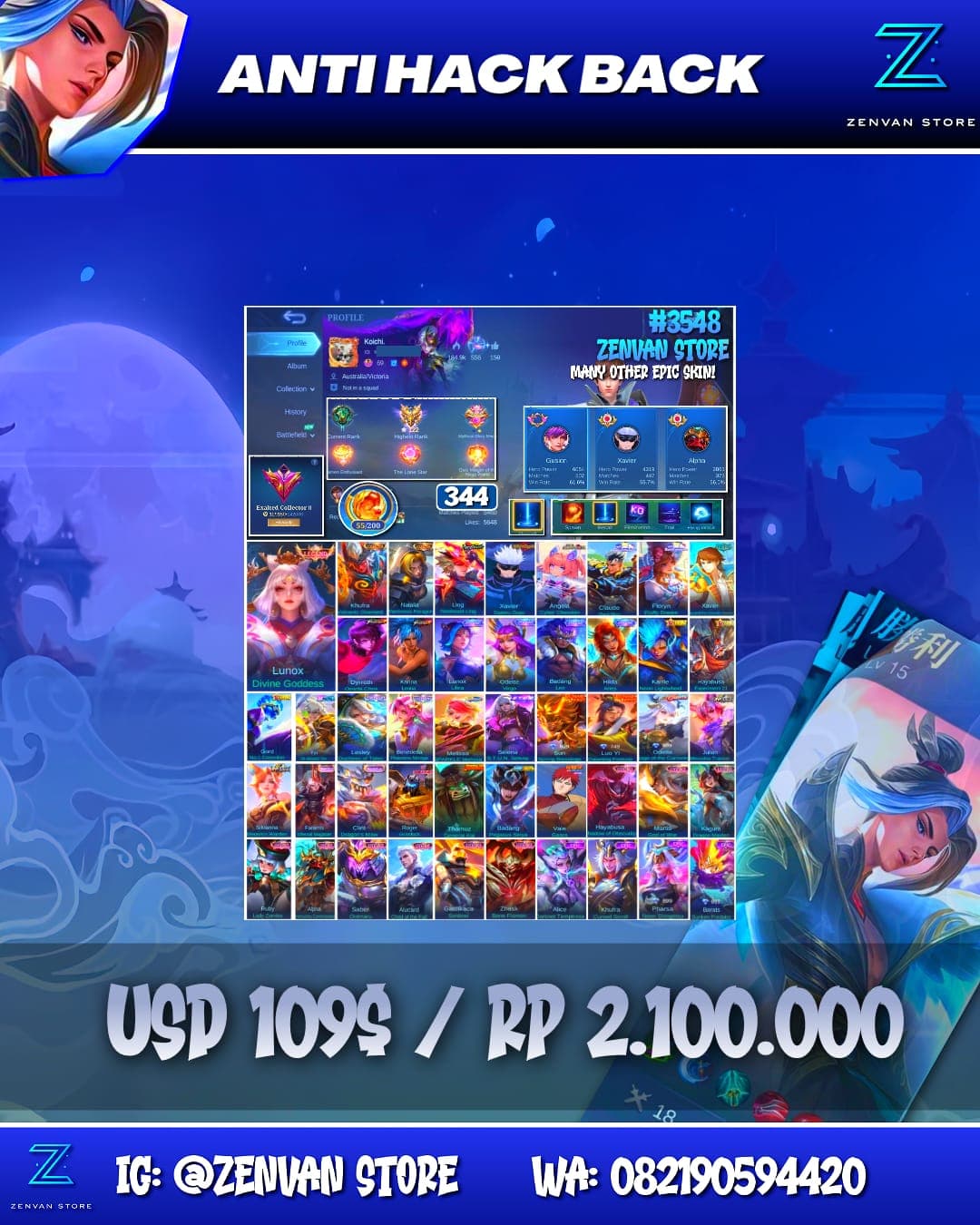 Foto akun ML #3548 🔥 344 Skins 🔥 Legend Lunox 🔥 Collector Kufra & Natalia 🔥 Neobeast Ling 🔥 Jujutsu Kaisen Gojo 🔥 Sanrio 🔥 KoF Dyroth & Karina 🔥 Stun Selena 🔥 Transformers Roger 🔥 Many Limited 🔥 Many Zo - gambar 1