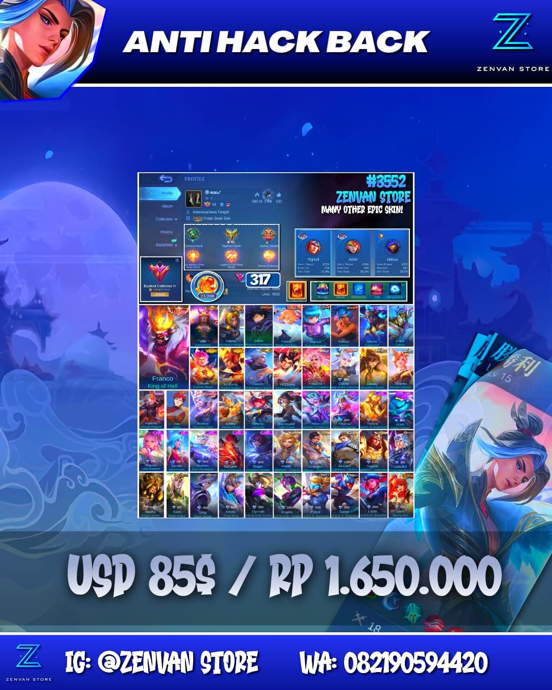 Foto akun ML #3552 🔥 317 Skins 🔥 Legend Franco 🔥 Collector Valir & Natalia 🔥 Jujutsu Kaisen Megumi 🔥 Aspirant Fanny 🔥 Prime Claude & Yu Zhong 🔥 KoF Karina & Aurora 🔥 Many Limited 🔥 Many Zodiacs 🔥 Many Ep - gambar 1