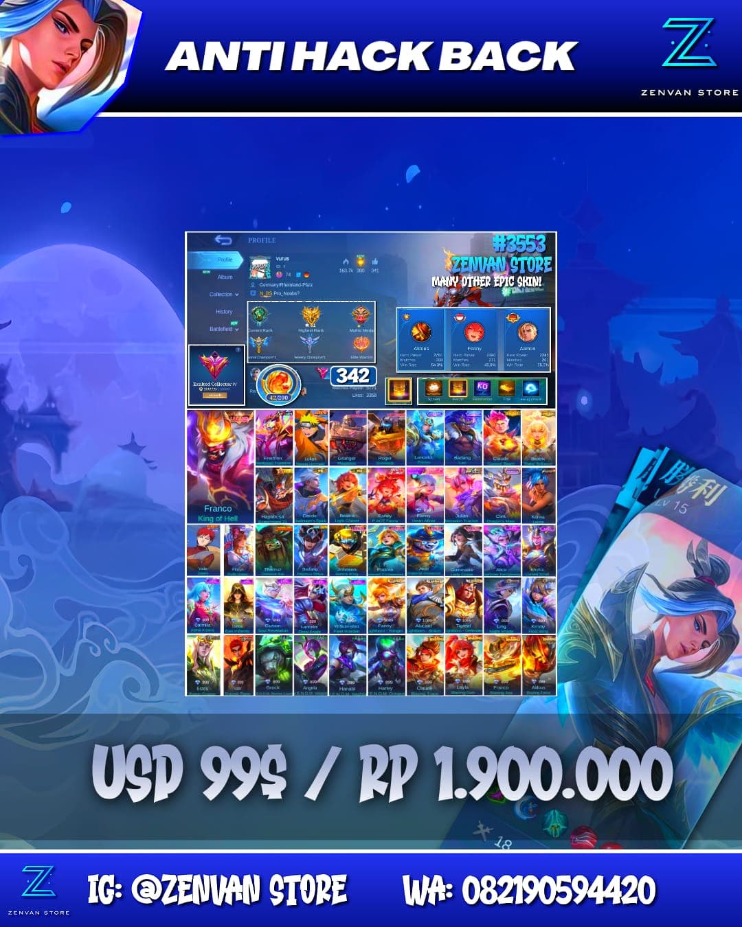 Foto akun ML #3553 🔥 342 Skins 🔥 Legend Franco 🔥 Neobeast Fredrinn 🔥 Naruto 🔥 Transformers Granger & Roger 🔥 Prime Claude & Beatrix 🔥 KoF Karina 🔥 Many Limited 🔥 Many Epic 🔥 Safe Account ✅ - gambar 1