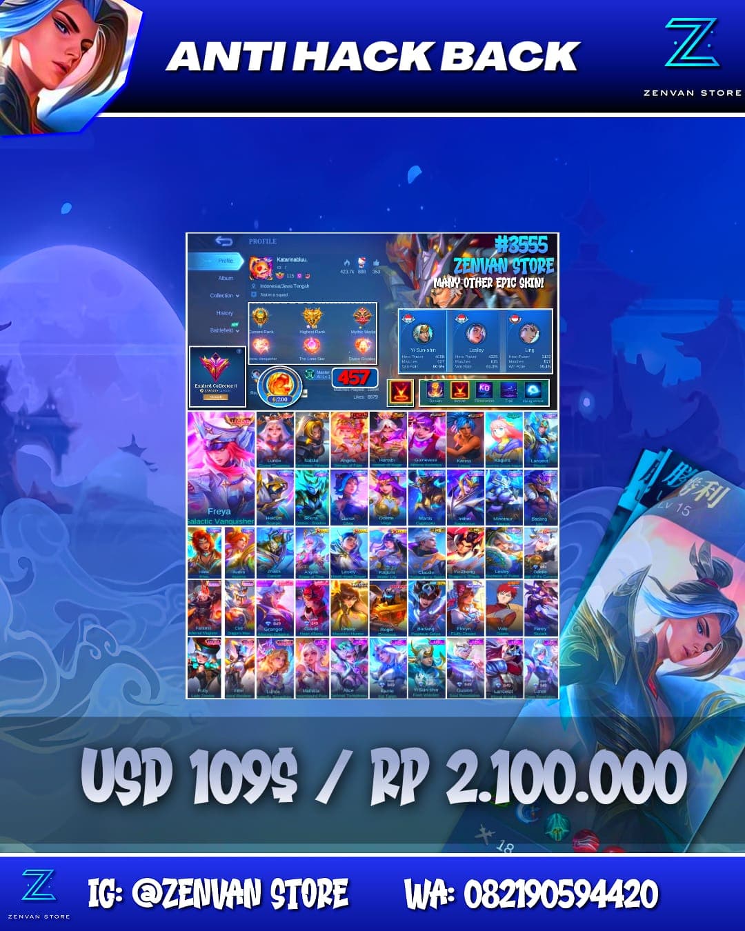 Foto akun ML #3555 🔥 457 Skins 🔥 Legend Freya & Lunox 🔥 Collector Natalia 🔥 Soul Vessels Hanabi 🔥 KoF Guinevere & Karina 🔥 Clouds Kagura 🔥 Many Limited 🔥 Many Zodiacs 🔥 Many Epic 🔥 Safe Account ✅ - gambar 1
