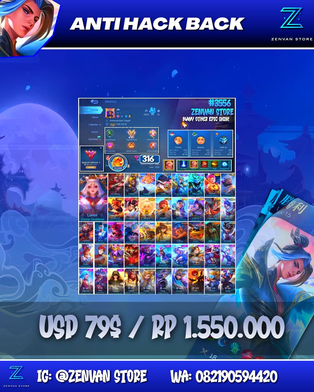 Foto akun ML #3556 🔥 316 Skins 🔥 Legend Lunox 🔥 Collector Yu Zhong & Natalia 🔥 Aspirant Fanny & Ruby 🔥 Prime Yu Zhong & Beatrix 🔥 M-World Ling & Yin 🔥 Transformers Roger 🔥 KoF Karina 🔥 Many Limited 🔥 Man - gambar 1