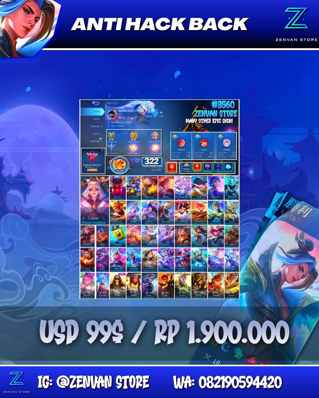 Foto akun ML #3560 🔥 322 Skins 🔥 Legend Lunox 🔥 Collector Dyroth & YSS 🔥 Exorcist Hayabusa & Kagura 🔥 Aspirant Ruby & Change 🔥 Prime Yu Zhong 🔥 SpongeBob 🔥 KoF Karina 🔥 Many Limited 🔥 Many Zodiacs 🔥 Man - gambar 1
