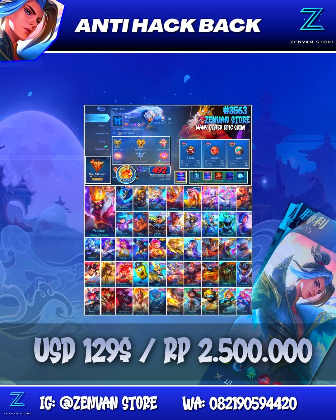 Foto akun ML #3563 🔥 492 Skins 🔥 Legend Franco & Gusion 🔥 Collector Natalia 🔥 Zenith Selena 🔥 Ducati Leomord 🔥 Aspirant Vexana & Change 🔥 Sanrio Claude & Floryn 🔥 Prime Claude 🔥 KoF Gusion, Karina & Auror - gambar 1