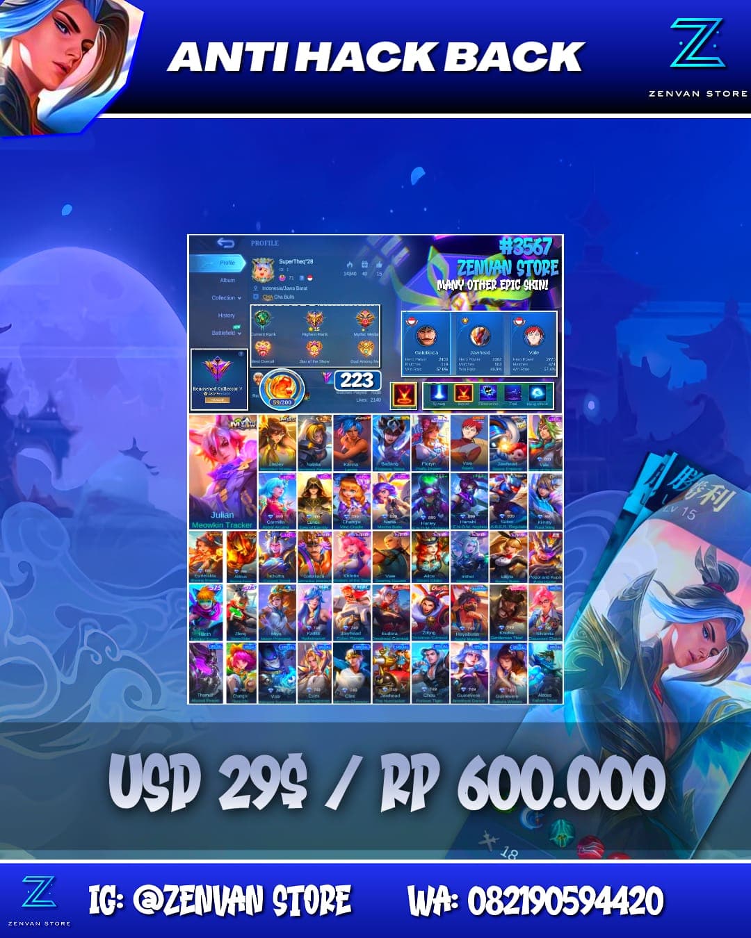 Foto akun ML #3567 🔥 223 Skins 🔥 Collector Natalia 🔥 Sanrio Floryn 🔥 KoF Karina 🔥 Many Epic 🔥 Safe Account ✅ - gambar 1