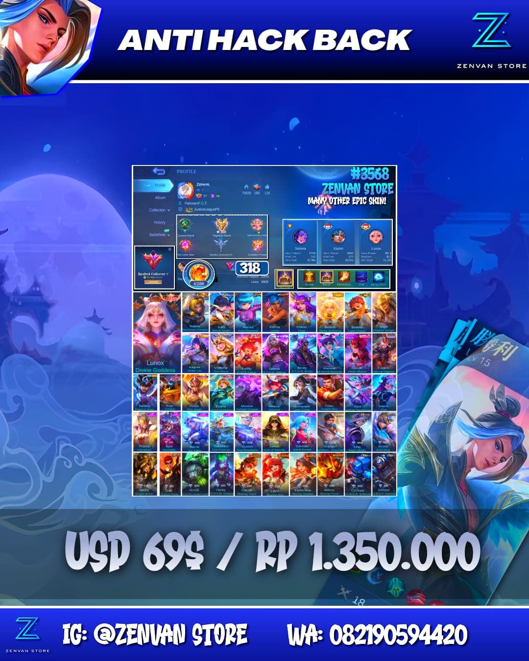 Foto akun ML #3568 🔥 318 Skins 🔥 Legend Lunox 🔥 Collector Natalia 🔥 Aspirant Ruby 🔥 Prime Beatrix 🔥 Stun Selena & Brody 🔥 M-World Wanwan 🔥 Transformers Roger 🔥 KoF Karina & Aurora 🔥 Many Limited 🔥 Many - gambar 1