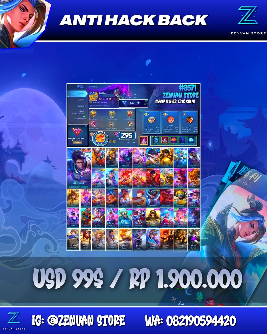 Foto akun ML #3571 🔥 295 Skins 🔥 Legend Alucard 🔥 Collector Natalia & Kufra 🔥 11.11 Hayabusa 🔥 Saint Seiya Chou 🔥 Aspirant Vexana & Ruby 🔥 Stun Chou 🔥 M-World Yin 🔥 KoF Karina 🔥 Many Limited 🔥 Many Zodi - gambar 1