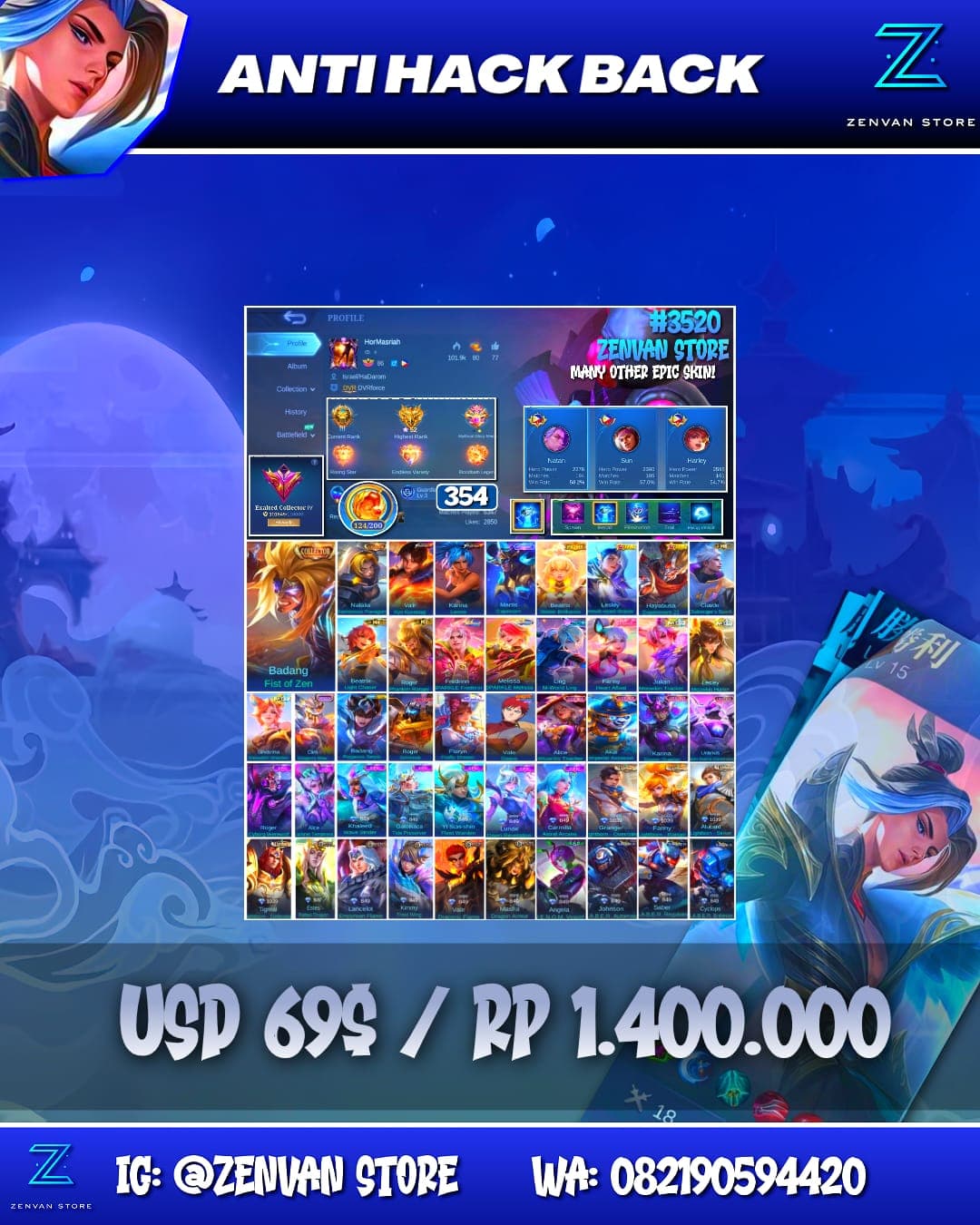 Foto akun ML #3520 🔥 354 Skins 🔥 Collector Badang & Natalia 🔥 Prime Beatrix 🔥 M-World Ling 🔥 Transformers Roger 🔥 KoF Valir & Karina 🔥 Many Limited 🔥 Many Epic 🔥 Safe Account ✅ - gambar 1