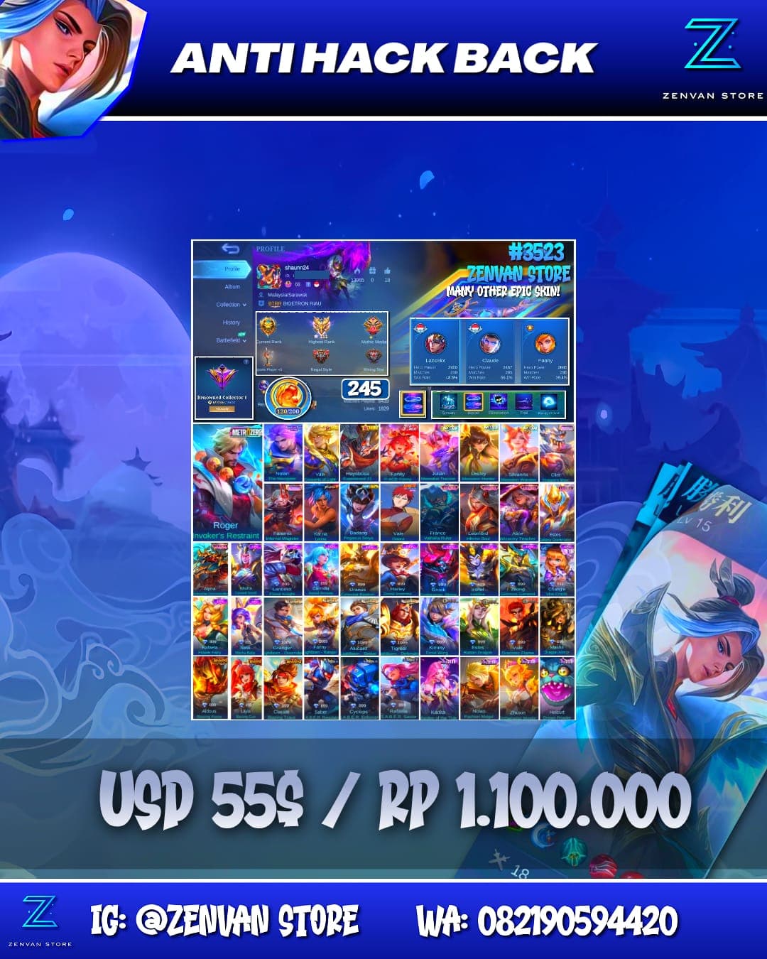 Foto akun ML #3523 🔥 245 Skins 🔥 Zero Roger 🔥 11.11 Nolan 🔥 KoF Karina 🔥 Many Limited 🔥 Many Epic 🔥 Safe Account ✅ - gambar 1