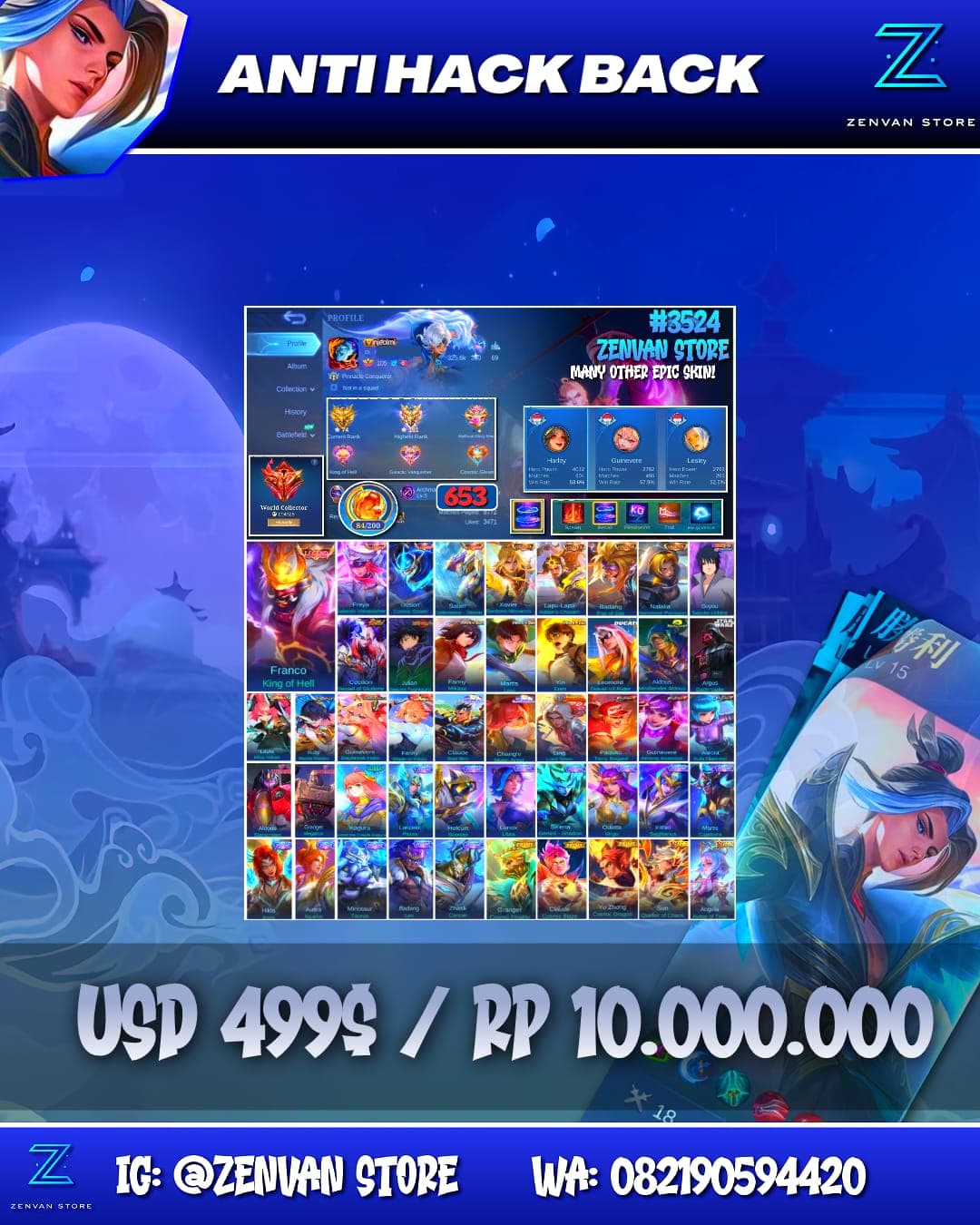 Foto akun ML #3524 🔥 653 Skins 🔥 4 Legends 🔥 4 Collectors 🔥 Full Attack on Titan 🔥 Jujutsu Kaisen Megumi 🔥 Sasuke 🔥 Soul Vessels Cecilion 🔥 Ducati Leomord 🔥 Mistbender Aldous 🔥 StarWars Argus 🔥 Aspirant - gambar 1