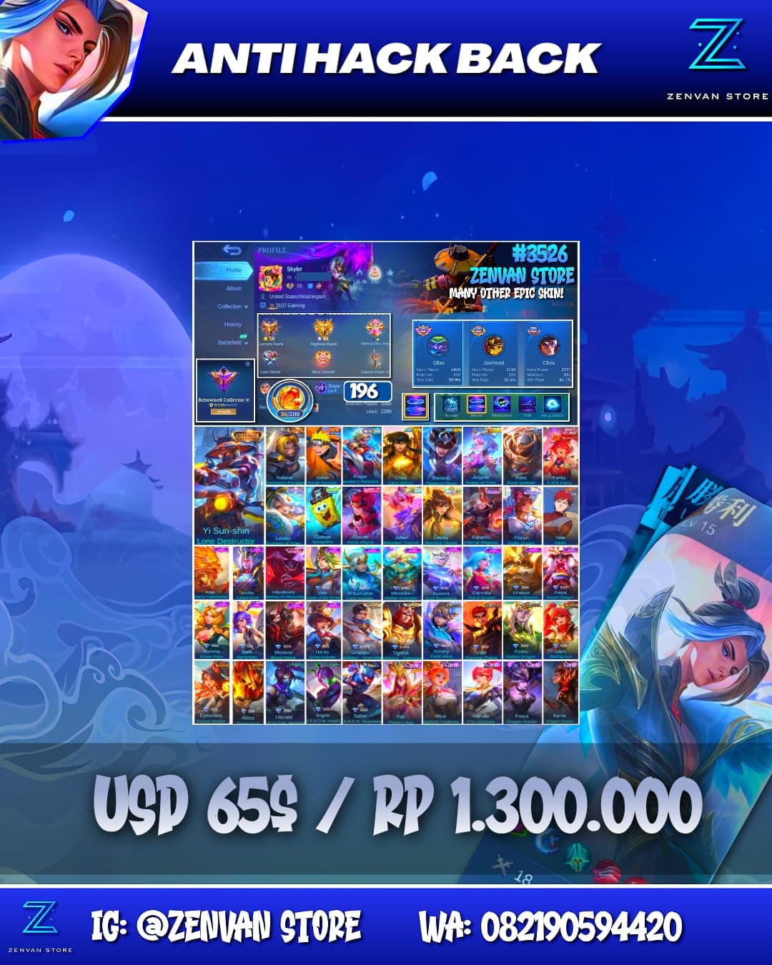 Foto akun ML #3526 🔥 196 Skins 🔥 Collector YSS & Natalia 🔥 Naruto 🔥 Zero Roger 🔥 Saint Seiya Chou 🔥 SpongeBob 🔥 Many Limited 🔥 Many Epic 🔥 Safe Account ✅ - gambar 1