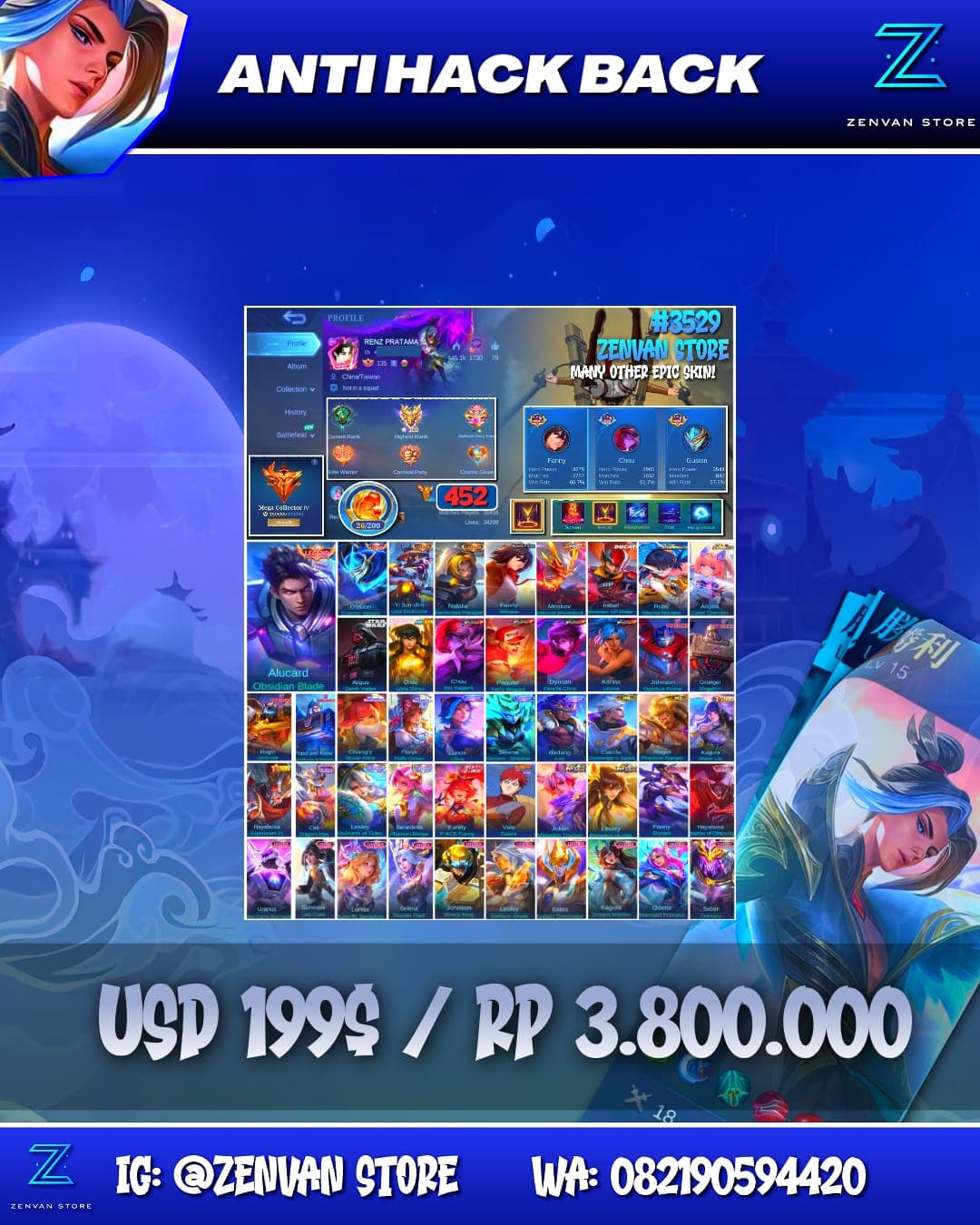 Foto akun ML #3529 🔥 452 Skins 🔥 Legend Alucard & Gusion 🔥 Collector Natalia & YSS 🔥 Full Transformers 🔥 Attack on Titan Mikasa 🔥 Ducati Irithel 🔥 StarWars Argus 🔥 Saint Seiya Chou 🔥 KoF Series 🔥 Sanrio - gambar 1