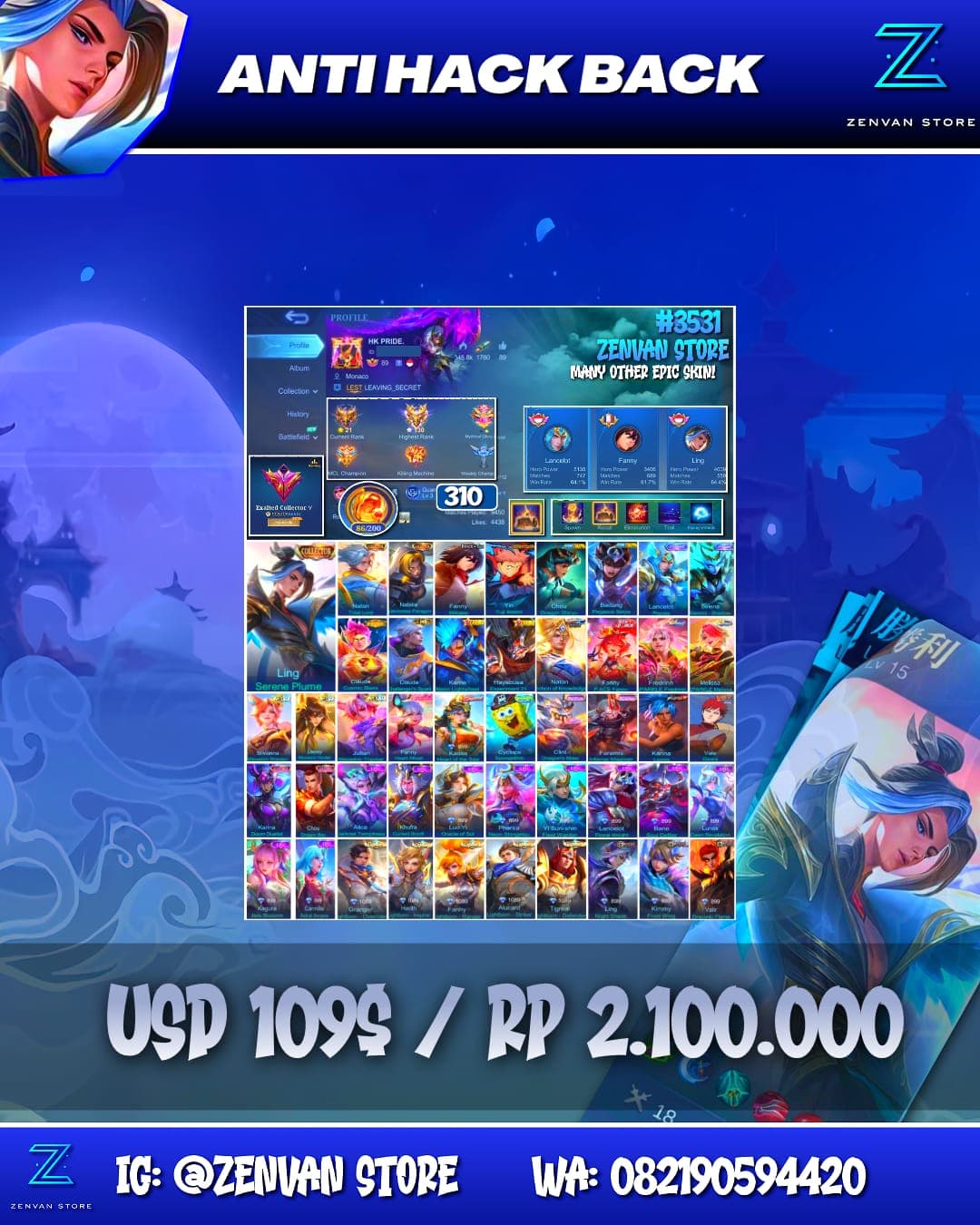 #3531 🔥 310 Skins 🔥 Collector Ling, Natan & Natalia 🔥 Attack on Titan Mikasa 🔥 Jujutsu Kaisen Itadori 🔥 Prime Claude 🔥 KoF Karina 🔥 SpongeBob 🔥 Many Limited 🔥 Many Zodiacs 🔥 Many Epic 🔥 Saf