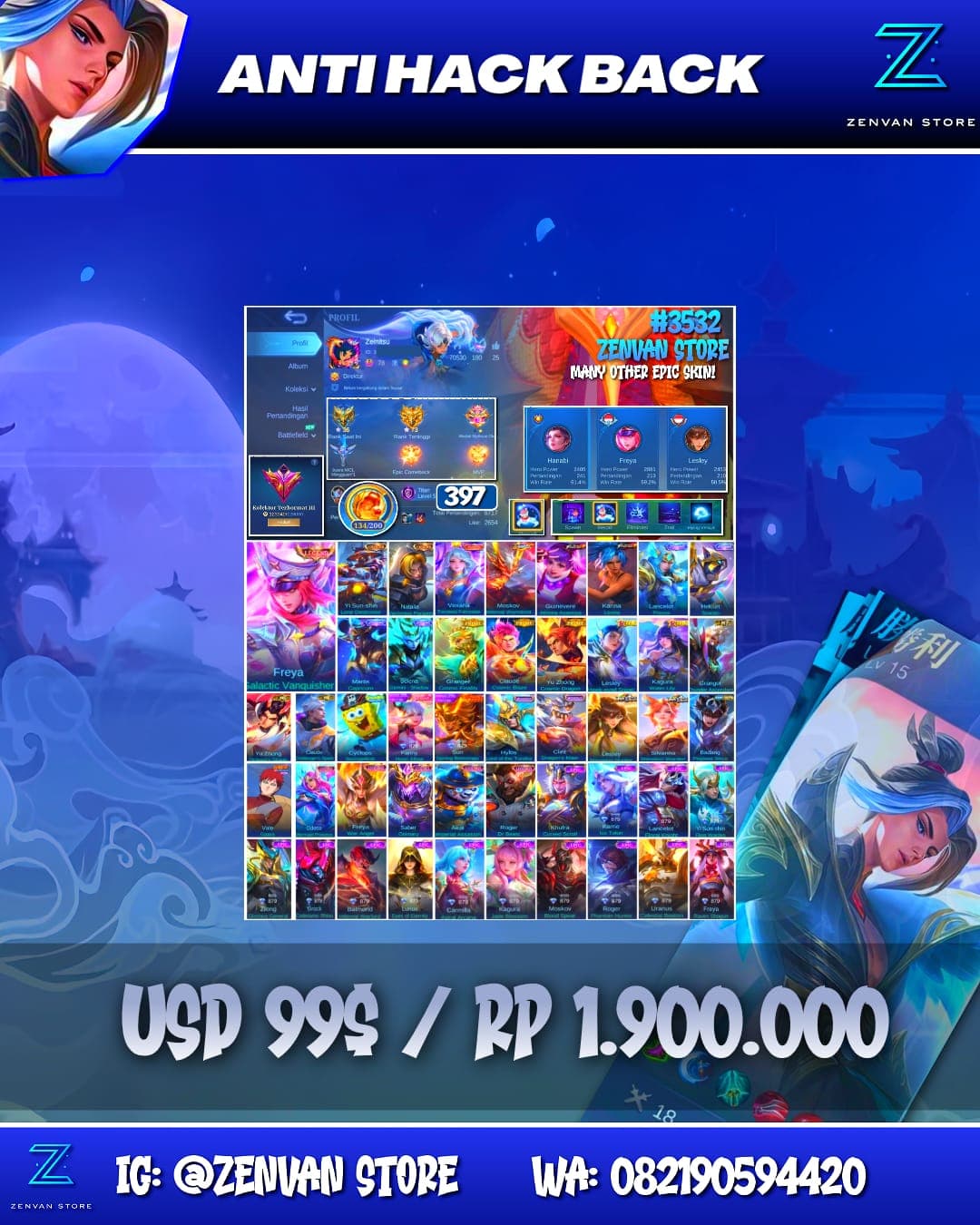 Foto akun ML #3532 🔥 397 Skins 🔥 Collector YSS & Natalia 🔥 Zenith Vexana 🔥 Internal Moskov 🔥 Prime Granger, Claude & Yu Zhong 🔥 KoF Guinevere & Karina 🔥 SpongeBob 🔥 Many Limited 🔥 Many Zodiacs 🔥 Many Epi - gambar 1