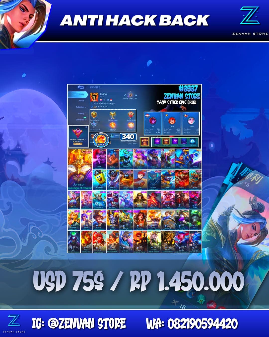 #3537 🔥 340 Skins 🔥 Legend Johnson 🔥 KoF Chou & Karina 🔥 Transformers Roger 🔥 SpongeBob 🔥 Many Limited 🔥 Many Epic 🔥 Safe Account ✅