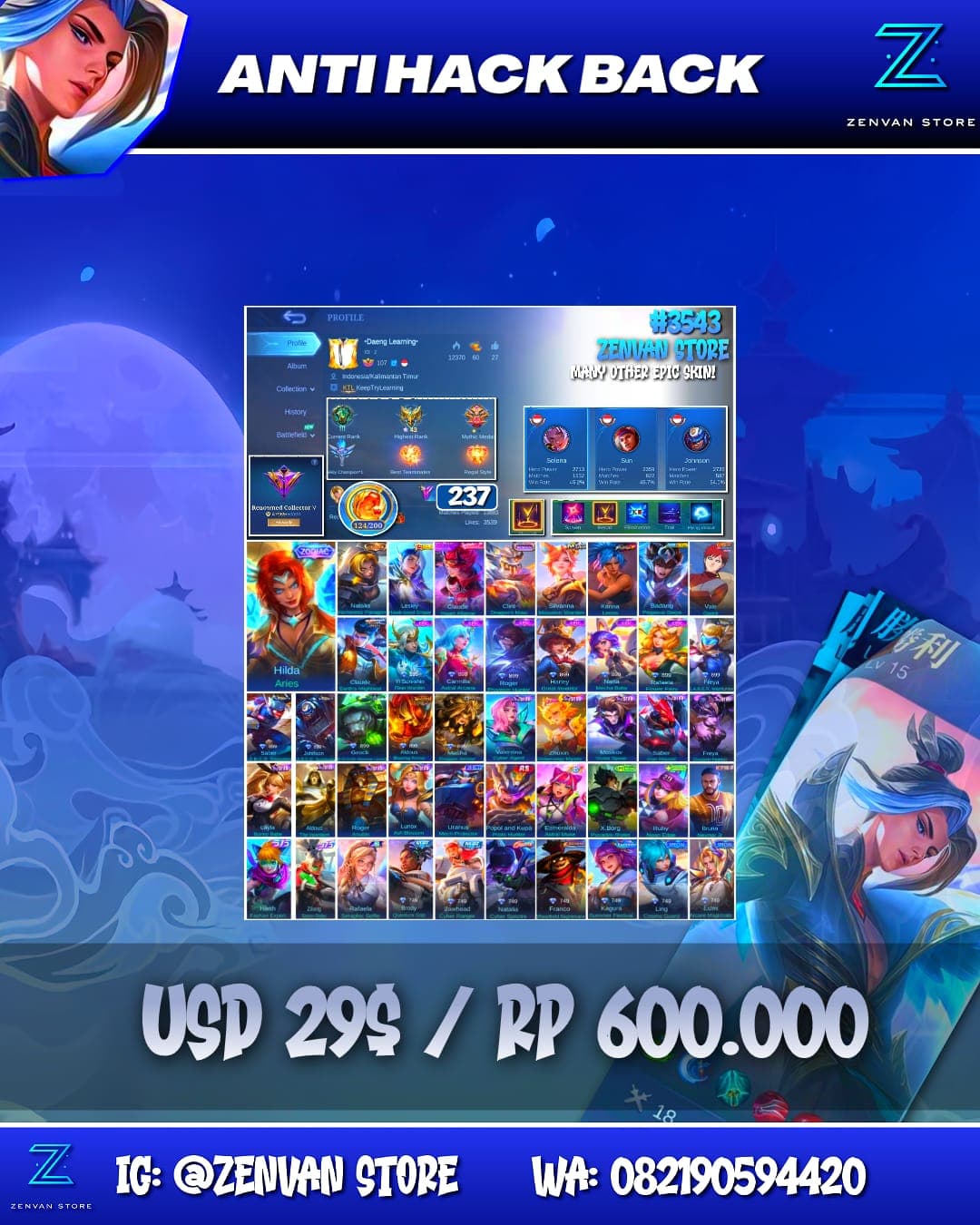 Foto akun ML #3543 🔥 237 Skins 🔥 Collector Natalia 🔥 KoF Karina 🔥 Many Epic 🔥 Safe Account ✅ - gambar 1