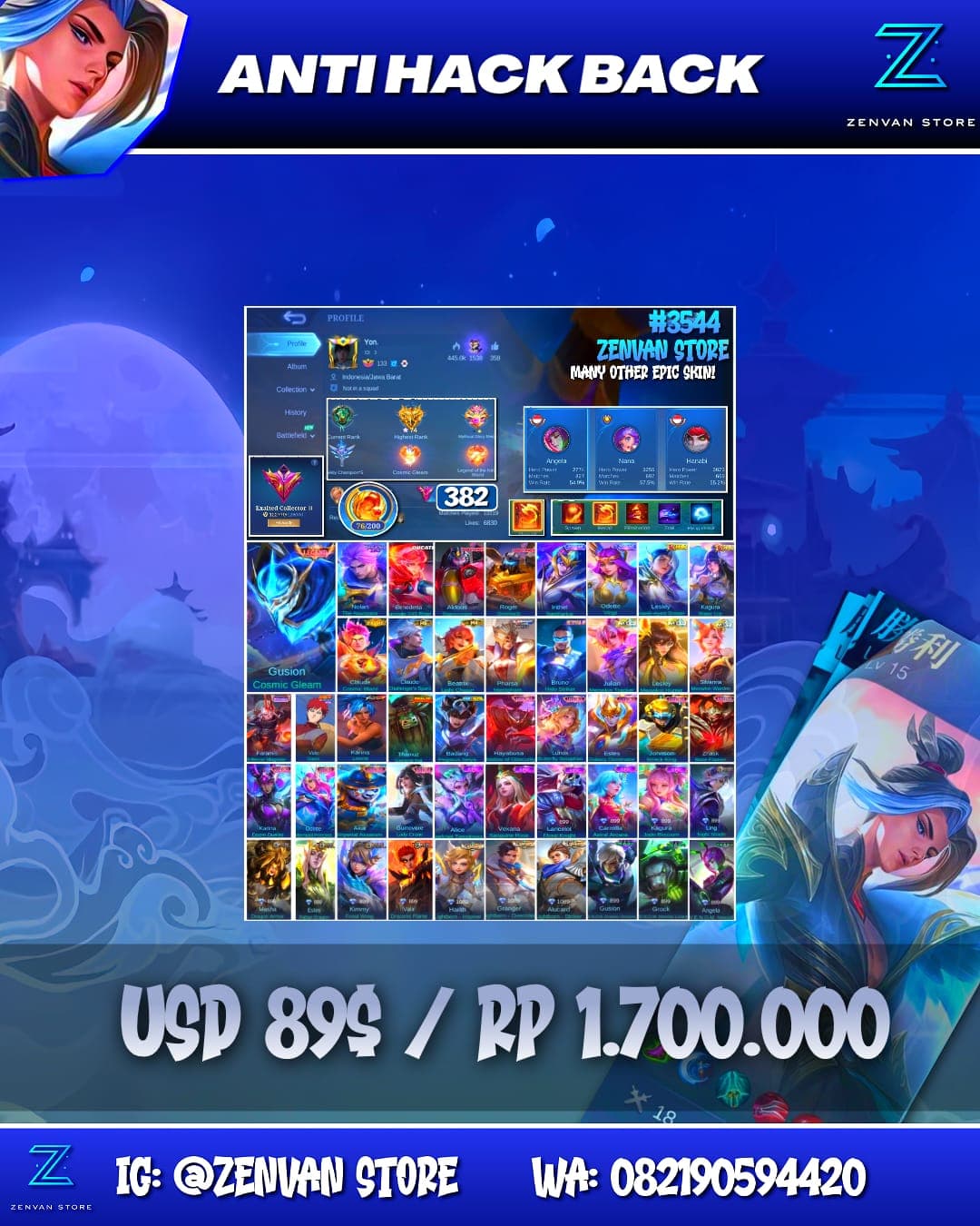 Foto akun ML #3544 🔥 382 Skins 🔥 Legend Gusion 🔥 11.11 Nolan 🔥 Ducati Benedetta 🔥 Transformers Aldous & Roger 🔥 Prime Claude 🔥 KoF Karina 🔥 Many Limited 🔥 Many Zodiacs 🔥 Many Epic 🔥 Safe Account ✅ - gambar 1