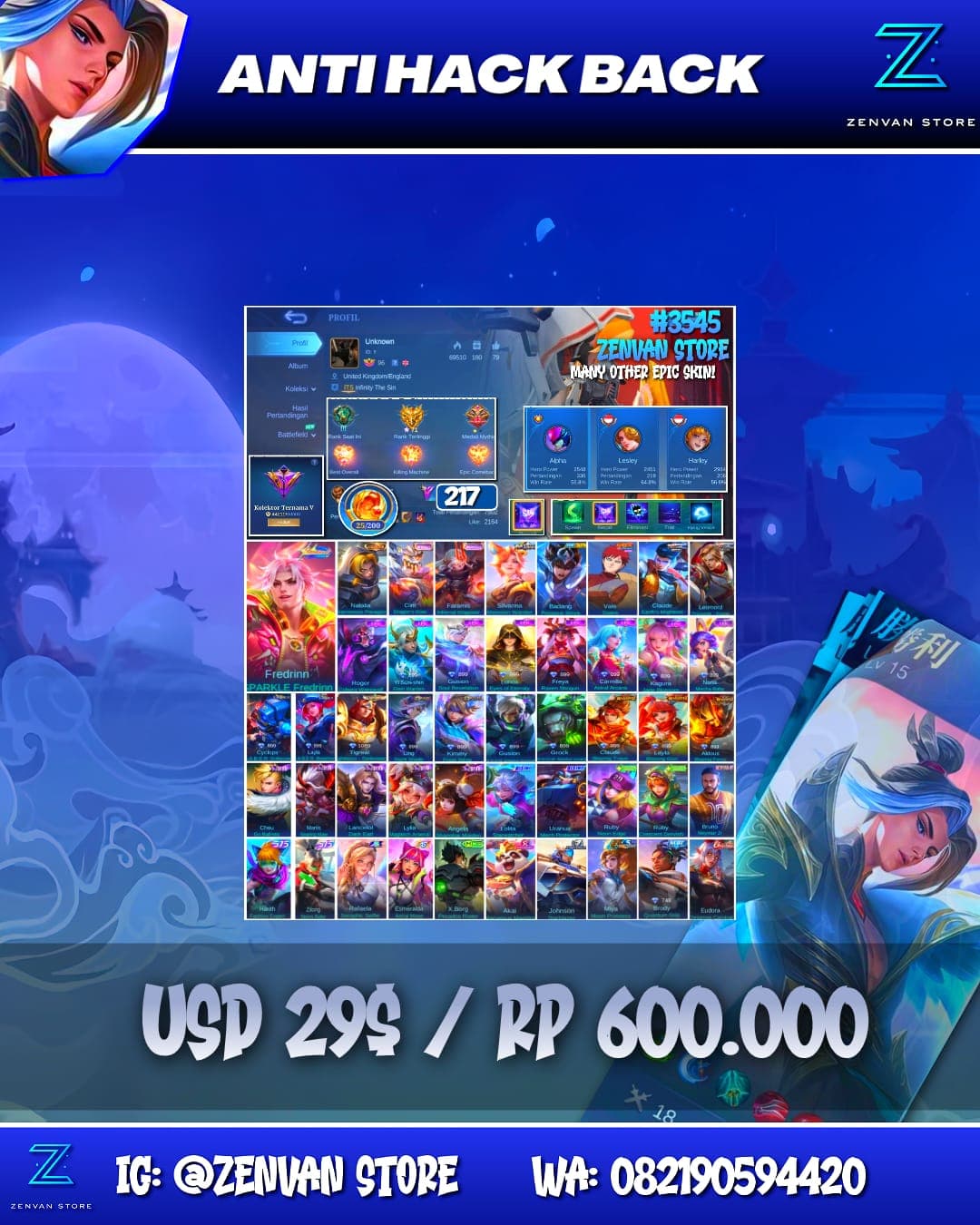 Foto akun ML #3545 🔥 217 Skins 🔥 Collector Natalia 🔥 Many Epic 🔥 Safe Account ✅ - gambar 1
