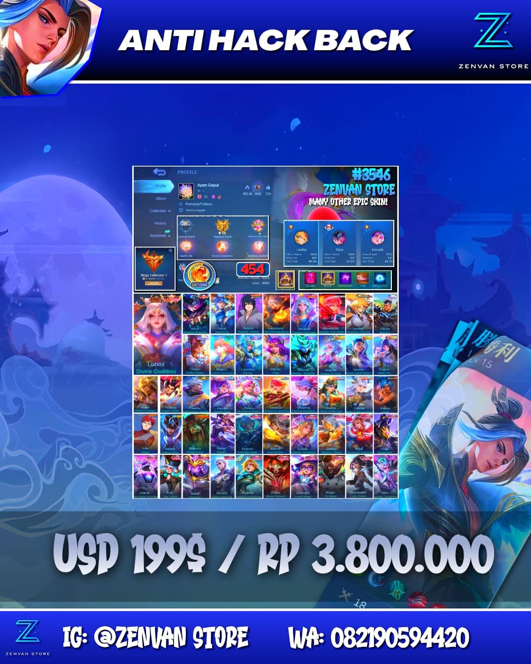 Foto akun ML #3546 🔥 454 Skins 🔥 Legend Lunox & Miya 🔥 Collector Nana 🔥 Sasuke 🔥 Exorcist Hayabusa 🔥 Zenith Vexana 🔥 Ducati Benedetta 🔥 Aspirant Lesley 🔥 Sanrio 🔥 KoF Karina 🔥 Many Limited 🔥 Many Zodia - gambar 1