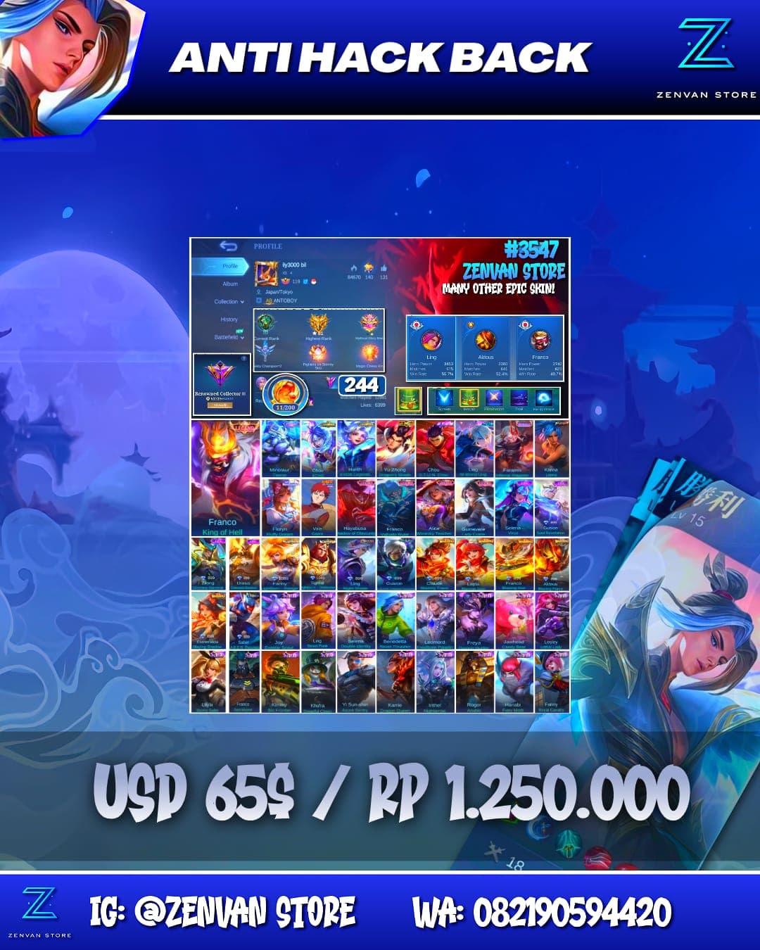 Foto akun ML #3547 🔥 244 Skins 🔥 Legend Franco 🔥 Stun Chou 🔥 M-World Ling 🔥 KoF Karina 🔥 Many Limited 🔥 Many Epic 🔥 Safe Account ✅ - gambar 1