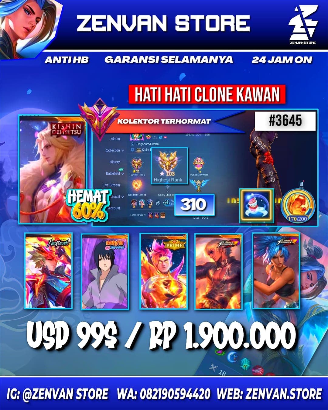 Foto akun ML #3645 🔥 310 Skins 🔥 Neobeast Ling 🔥 Kinsin Lance 🔥 Sasuke 🔥 Prime Claude 🔥 KoF Gusion & Karina 🔥 Many Limited 🔥 Many Epic 🔥 Safe Account ✅ - gambar 1