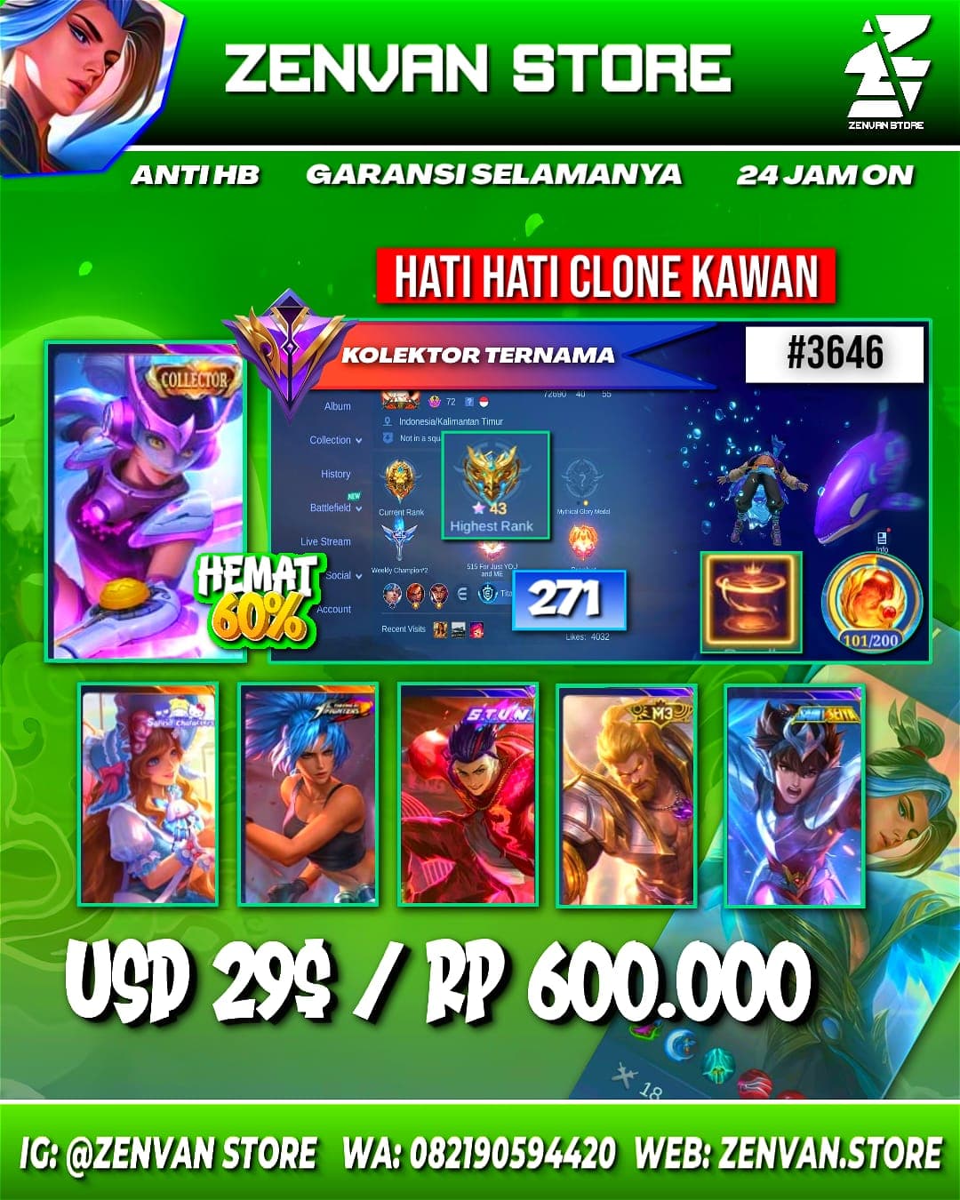 Foto akun ML #3646 🔥 271 Skins 🔥 Collector Wanwan 🔥 Stun Chou 🔥 KoF Karina 🔥 Many Limited 🔥 Many Epic 🔥 Safe Account ✅ - gambar 1