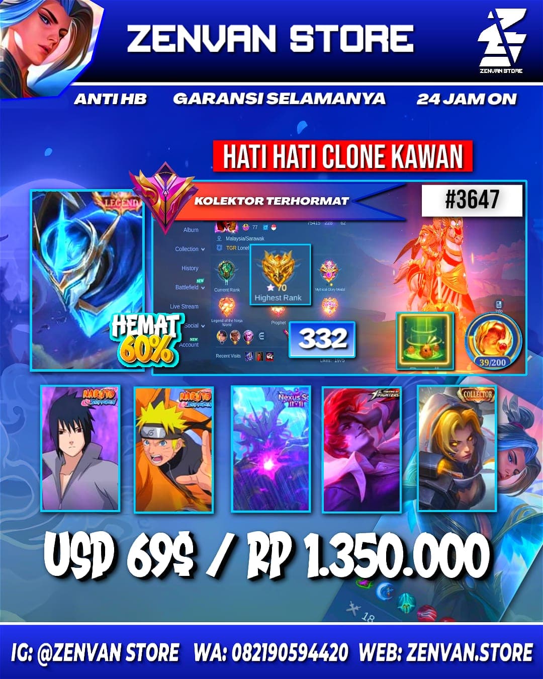 Foto akun ML #3647 🔥 332 Skins 🔥 Legend Gusion 🔥 Collector Natalia 🔥 Naruto & Sasuke 🔥 11.11 Thamuz 🔥 Aspirant Ruby 🔥 Prime Beatrix 🔥 Stun Brody & Chou 🔥 Transformers Roger 🔥 KoF Chou & Karina 🔥 Many Li - gambar 1