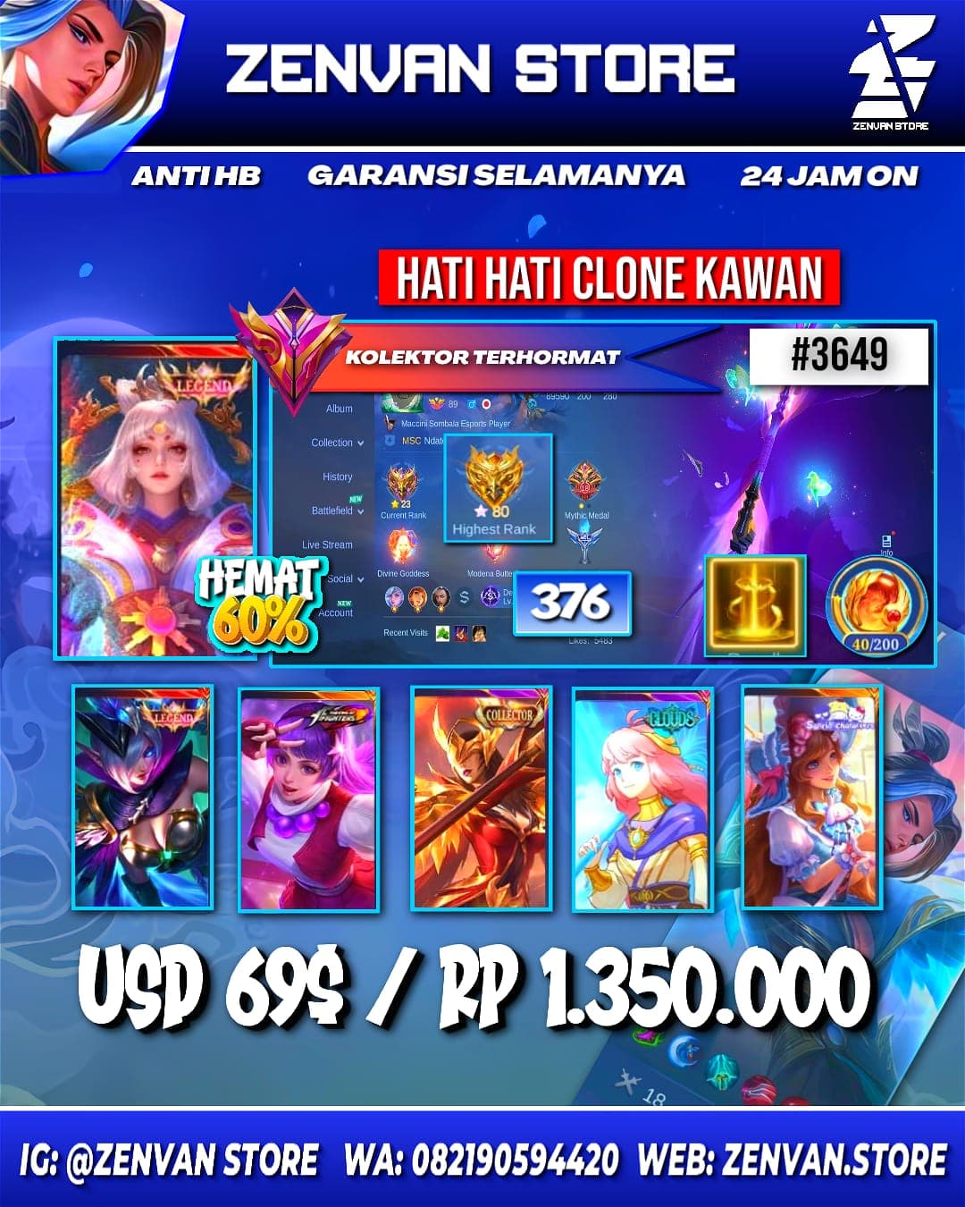 Foto akun ML #3649 🔥 376 Skins 🔥 Legend Lunox & Miya 🔥 Collector Pharsa 🔥 KoF Guinevere & Karina 🔥 Clouds Kagura 🔥 M-World Wanwan 🔥 Many Limited 🔥 Many Zodiacs 🔥 Many Epic 🔥 Safe Account ✅ - gambar 1