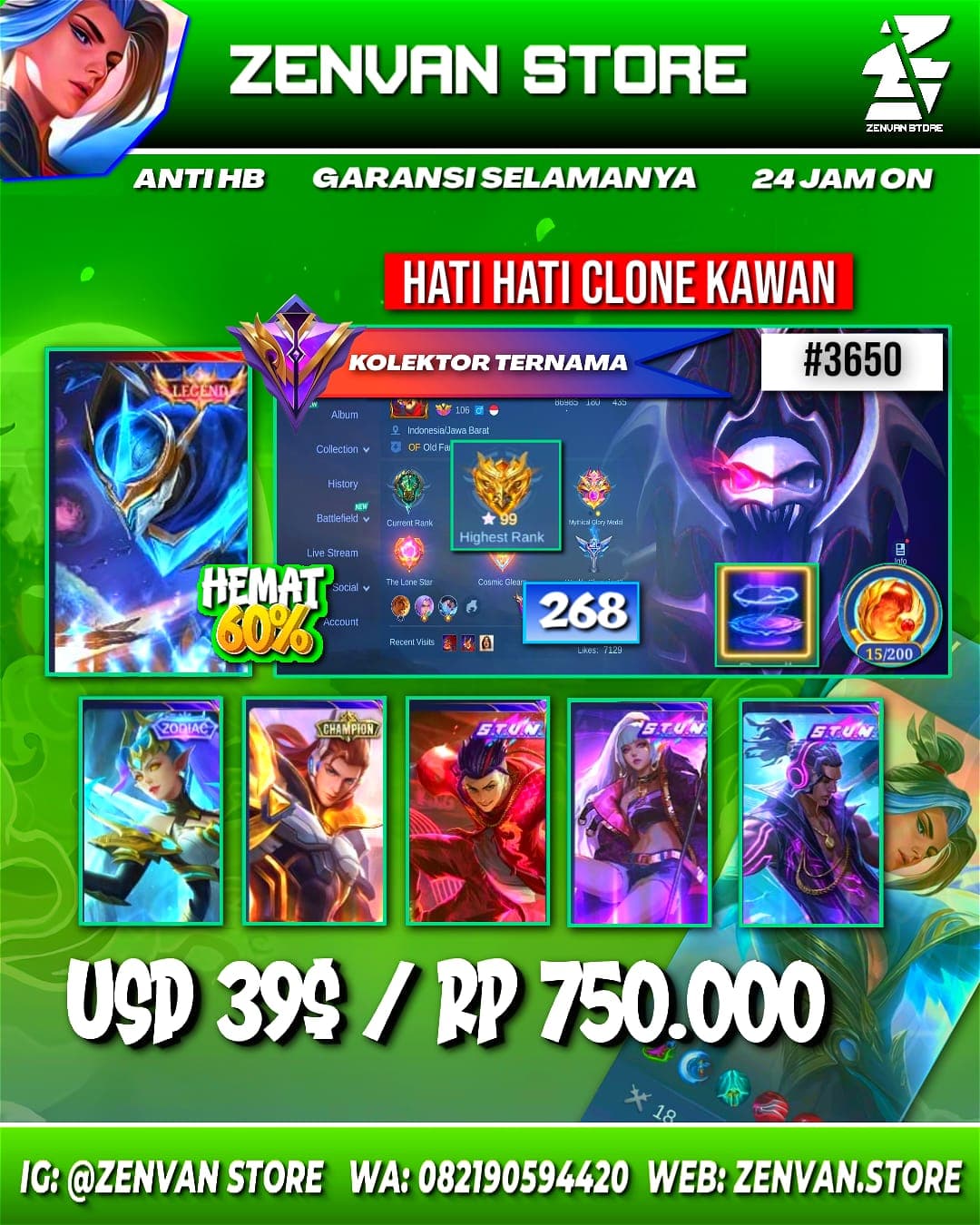 Foto akun ML #3650 🔥 268 Skins 🔥 Legend Gusion 🔥 Full Stun Series 🔥 Many Limited 🔥 Many Zodiacs 🔥 Many Epic 🔥 Safe Account ✅ - gambar 1