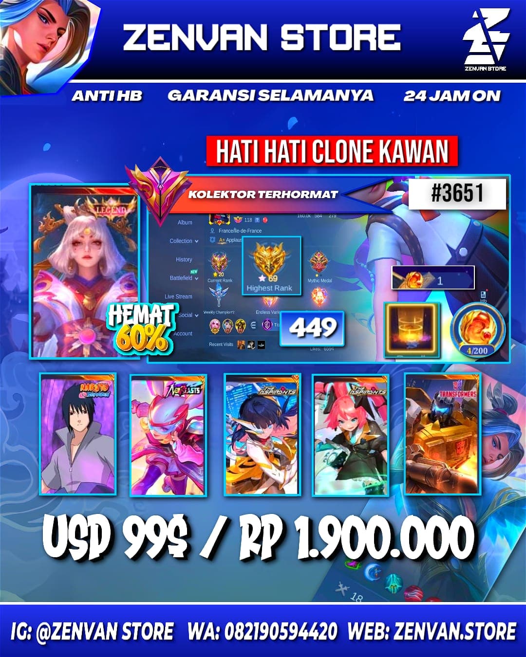 Foto akun ML #3651 🔥 449 Skins 🔥 Legend Lunox 🔥 Collector Natalia 🔥 Sasuke 🔥 Neobeast Lylia 🔥 Aspirant Layla & Ruby 🔥 Clouds Kagura 🔥 Prime Claude 🔥 Many Limited 🔥 Many Zodiacs 🔥 Many Epic 🔥 Safe Accou - gambar 1