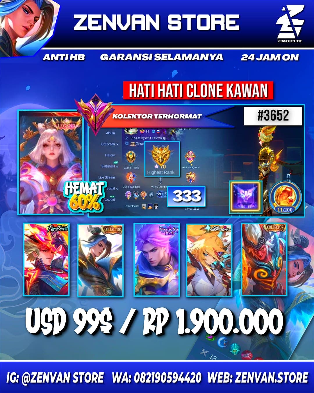 Foto akun ML #3652 🔥 333 Skins 🔥 Legend Lunox 🔥 3 Collectors 🔥 Neobeast Ling 🔥 Aspirant Lesley 🔥 11.11 Nolan 🔥 Prime Claude, Beatrix & Yu Zhong 🔥 KoF Karina 🔥 Many Limited 🔥 Many Zodiacs 🔥 Many Epic 🔥 - gambar 1