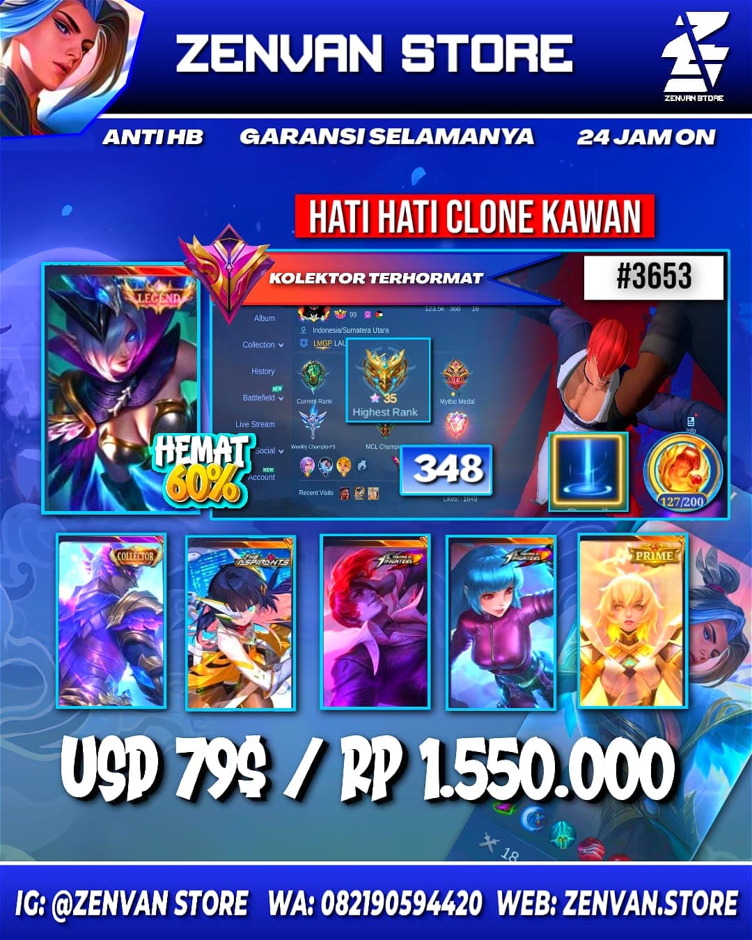 Foto akun ML #3653 🔥 348 Skins 🔥 Legend Miya 🔥 Collector Gusion 🔥 Aspirant Ruby 🔥 Prime Beatrix 🔥 KoF Chou, Aurora & Karina 🔥 Many Limited 🔥 Many Zodiacs 🔥 Many Epic 🔥 Safe Account ✅ - gambar 1