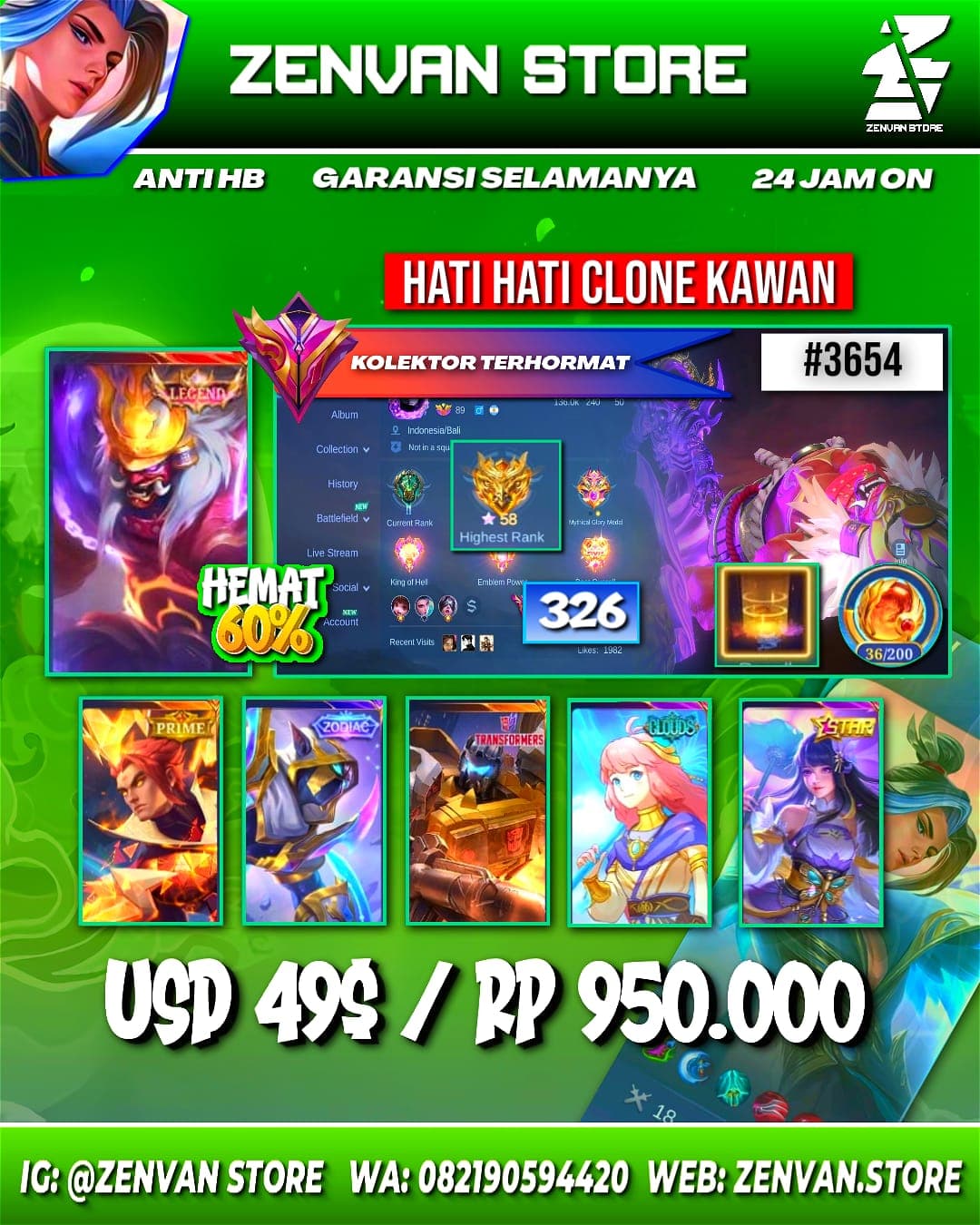 Foto akun ML #3654 🔥 326 Skins 🔥 Legend Franco 🔥 Collector Natalia 🔥 Clouds Kagura 🔥 Prime Yu Zhong 🔥 Many Limited 🔥 Many Epic 🔥 Safe Account ✅ - gambar 1