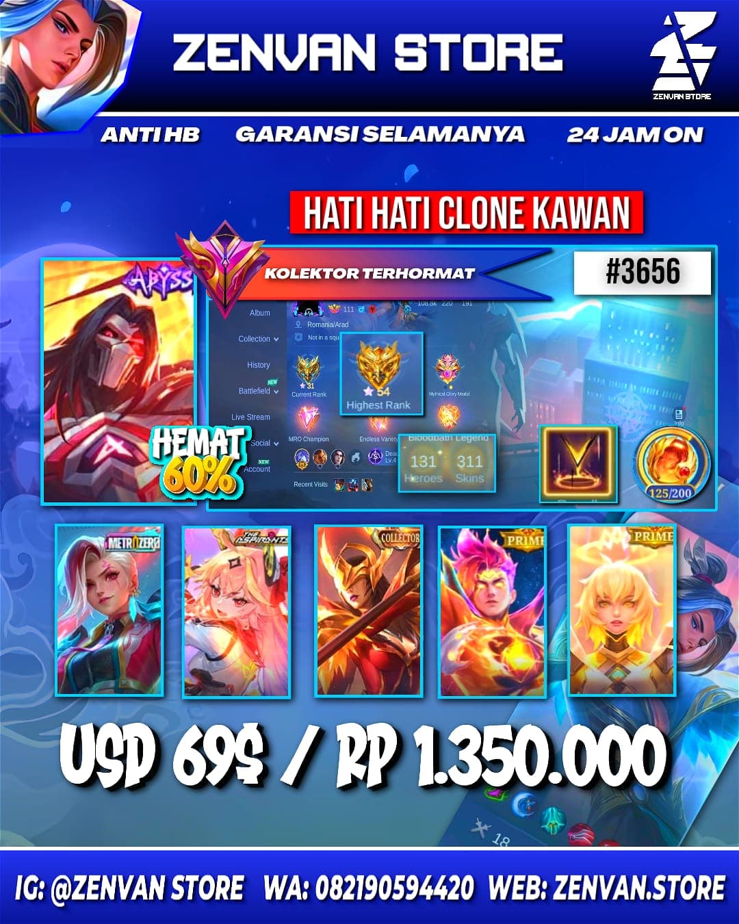 Foto akun ML #3656 🔥 311 Skins 🔥 Collector Pharsa 🔥 Zero Lylia 🔥 Abyss Moskov 🔥 Aspirant Guinevere 🔥 Prime Claude & Beatrix 🔥 Many Limited 🔥 Many Zodiacs 🔥 Many Epic 🔥 Safe Account ✅ - gambar 1