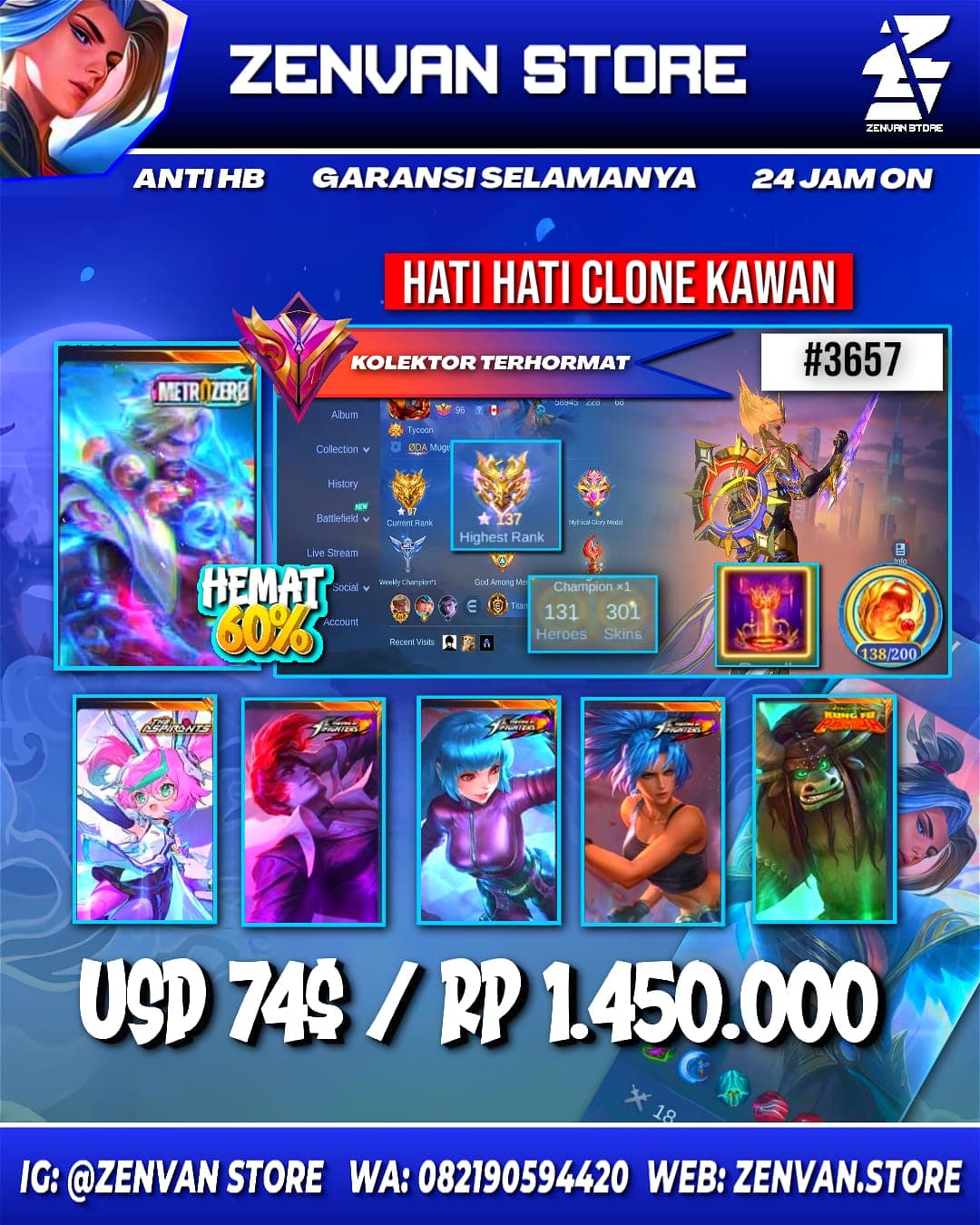 Foto akun ML #3657 🔥 301 Skins 🔥 Collector Natalia 🔥 Zero Roger 🔥 Aspirant Chang’e 🔥 KoF Chou, Aurora & Karina 🔥 SpongeBob 🔥 Many Limited 🔥 Many Epic 🔥 Safe Account ✅ - gambar 1