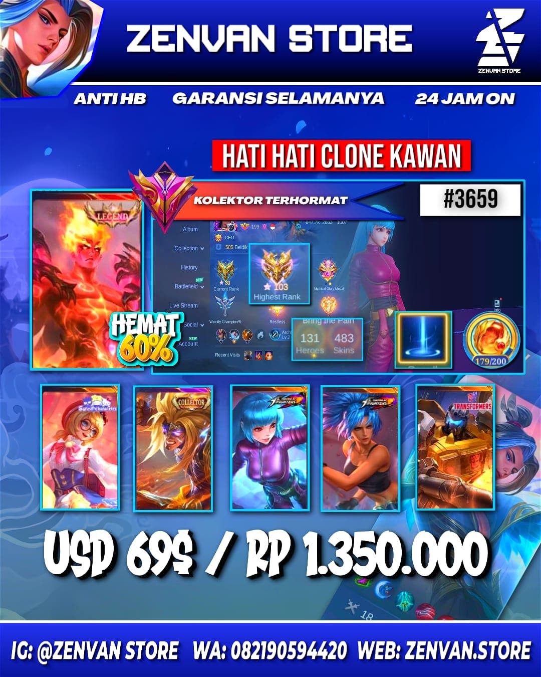 #3659 🔥 483 Skins 🔥 Legend Valir 🔥 Collector Badang & Natalia 🔥 KoF Karina & Aurora 🔥 SpongeBob 🔥 Many Limited 🔥 Many Epic 🔥 Safe Account ✅