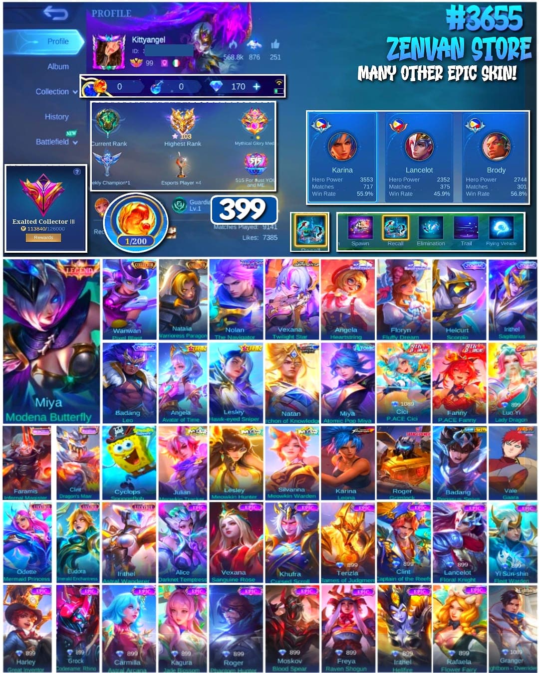 Foto akun ML #3655 🔥 399 Skins 🔥 Legend Miya 🔥 Collector Wanwan & Natalia 🔥 11.11 Nolan 🔥 Aspirant 🔥 Many Limited 🔥 Many Zodiacs 🔥 Many Epic 🔥 Safe Account ✅ - gambar 1