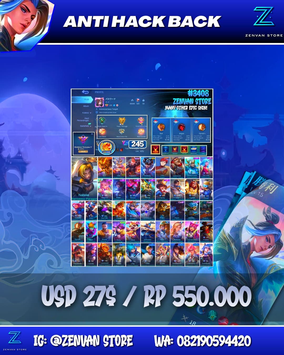 Foto akun ML #3408 🔥 245 Skins 🔥 Collector Natalia 🔥 Saint Seiya Badang 🔥 Many Epic 🔥 Safe Account ✅ - gambar 1
