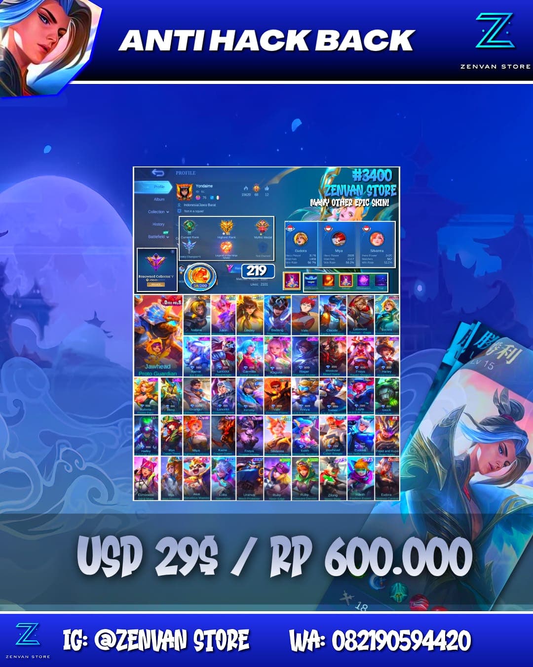 Foto akun ML #3400 🔥 219 Skins 🔥 Collector Natalia 🔥 Saint Seiya Badang 🔥 Many Epic 🔥 Safe Account ✅ - gambar 1