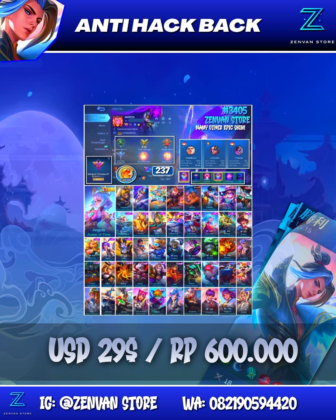Foto akun ML #3405 🔥 237 Skins 🔥 Collector Natalia 🔥 KoF Karina 🔥 Many Epic 🔥 Safe Account ✅ - gambar 1